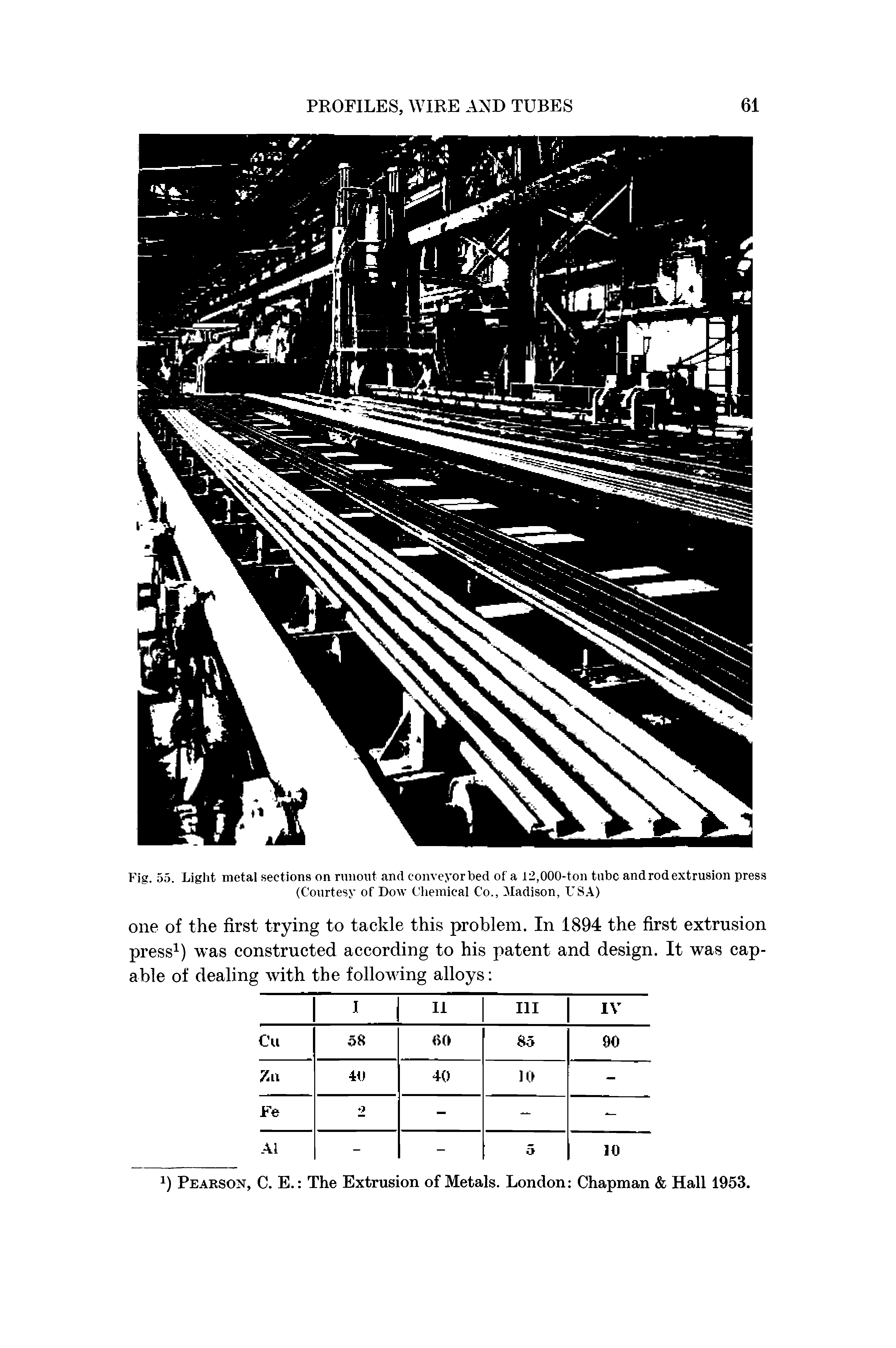 Fig. 55. Light metal sections on rnnont and conveyor bed of a 12,000-ton tube and rod extrusion press (Courtesy of Dow Chemical Co., Madison, US.A.)...