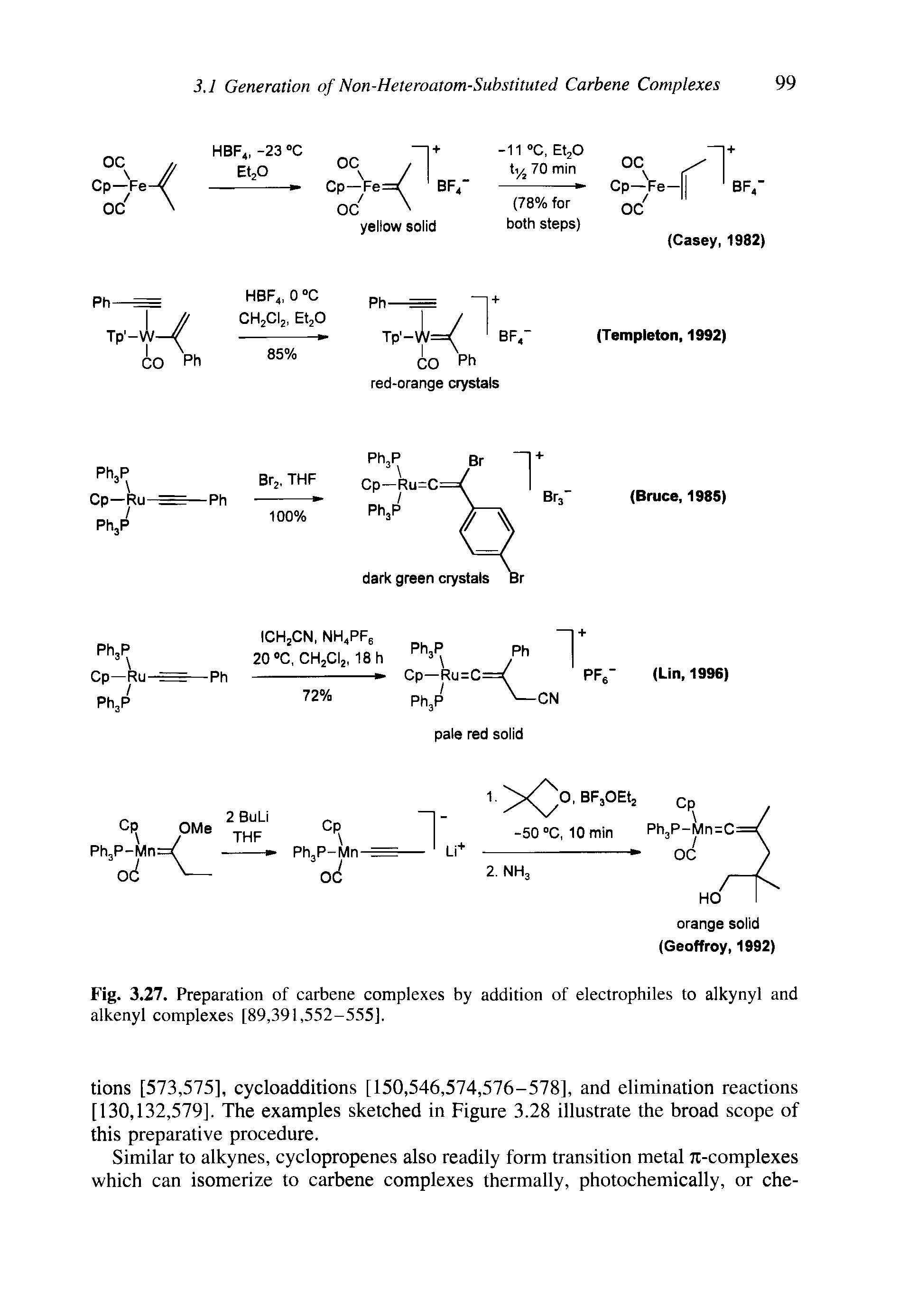 Fig. 3.27. Preparation of carbene complexes by addition of electrophiles to alkynyl and alkenyl complexes [89,391,552-555],...