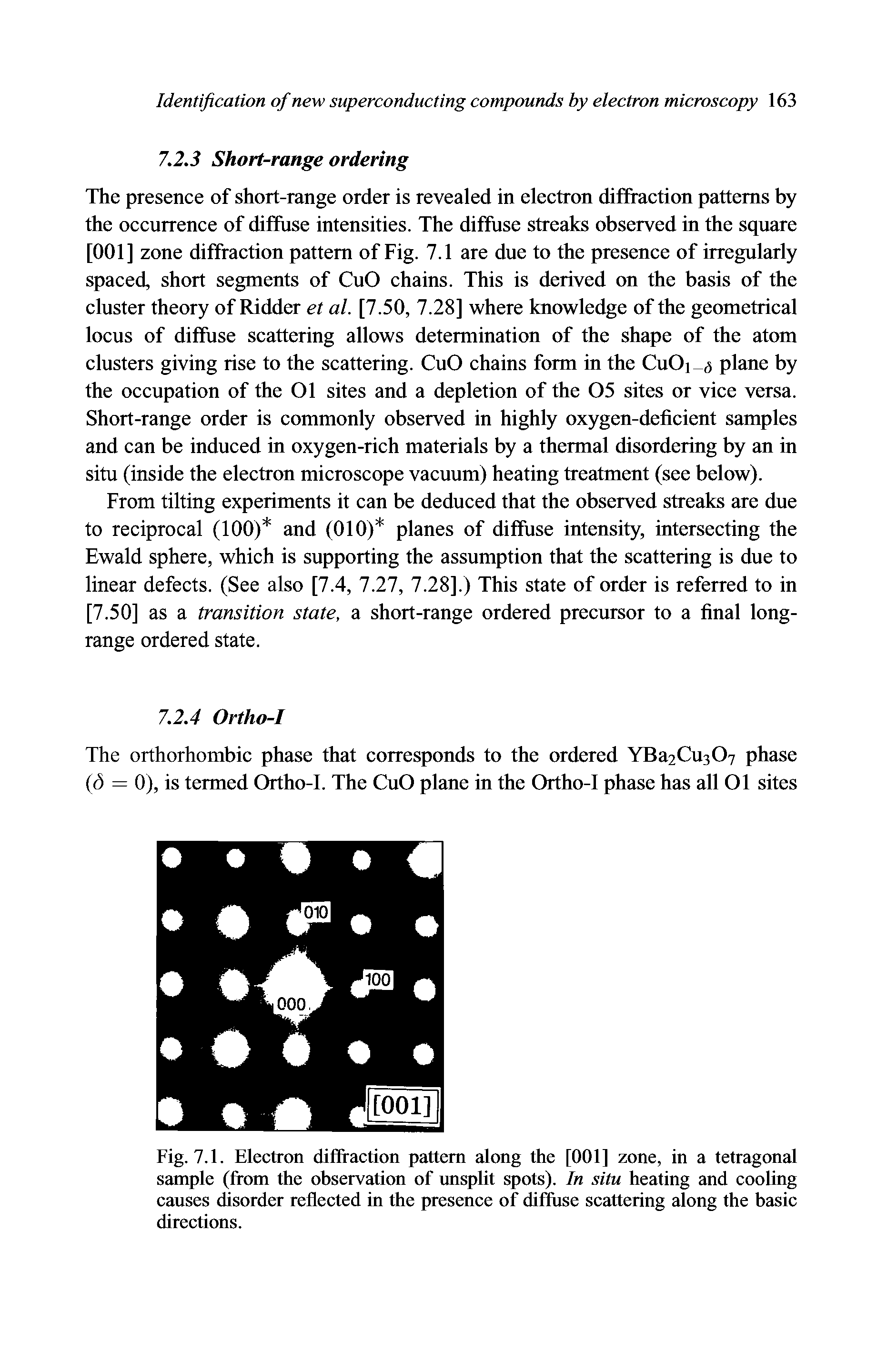 Fig. 7.1. Electron diffraction pattern along the [001] zone, in a tetragonal sample (from the observation of unsplit spots). In situ heating and cooling causes disorder reflected in the presence of diffuse scattering along the basic directions.