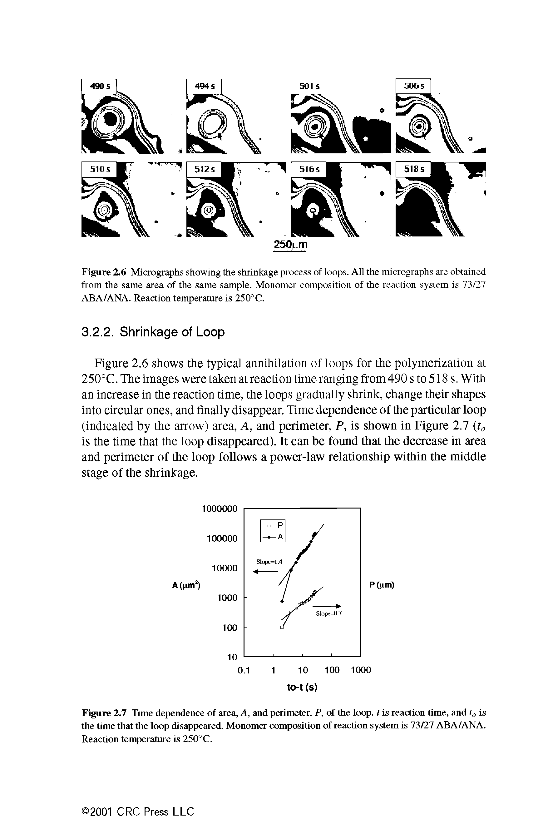 Figure 2.6 Micrographs showing the shrinkage process of loops. All the micrographs are obtained from the same area of the same sample. Monomer composition of the reaction system is 73/27 ABA/ANA. Reaction temperature is 250°C.