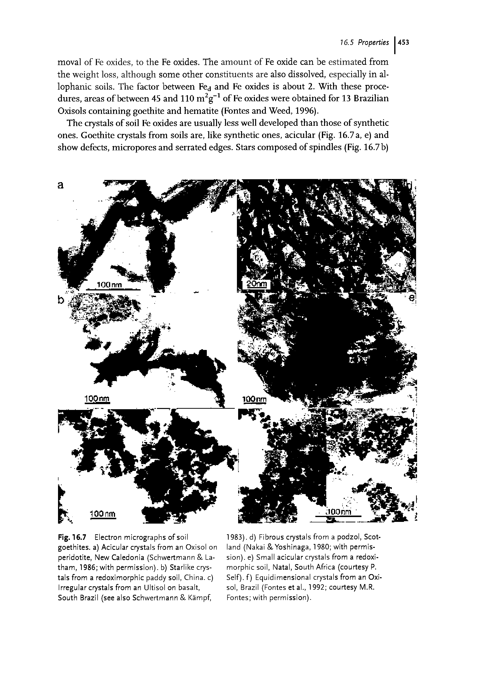 Fig. 16.7 Electron micrographs of soil goethites. a) Acicular crystals from an Oxisol on peridotite. New Caledonia (Schwertmann, Latham, 1986 with permission), b) Starlike crystals from a redoximorphic paddy soil, China, c) Irregular crystals from an Ultisol on basalt, South Brazil (see also Schwertmann, Kampf,...