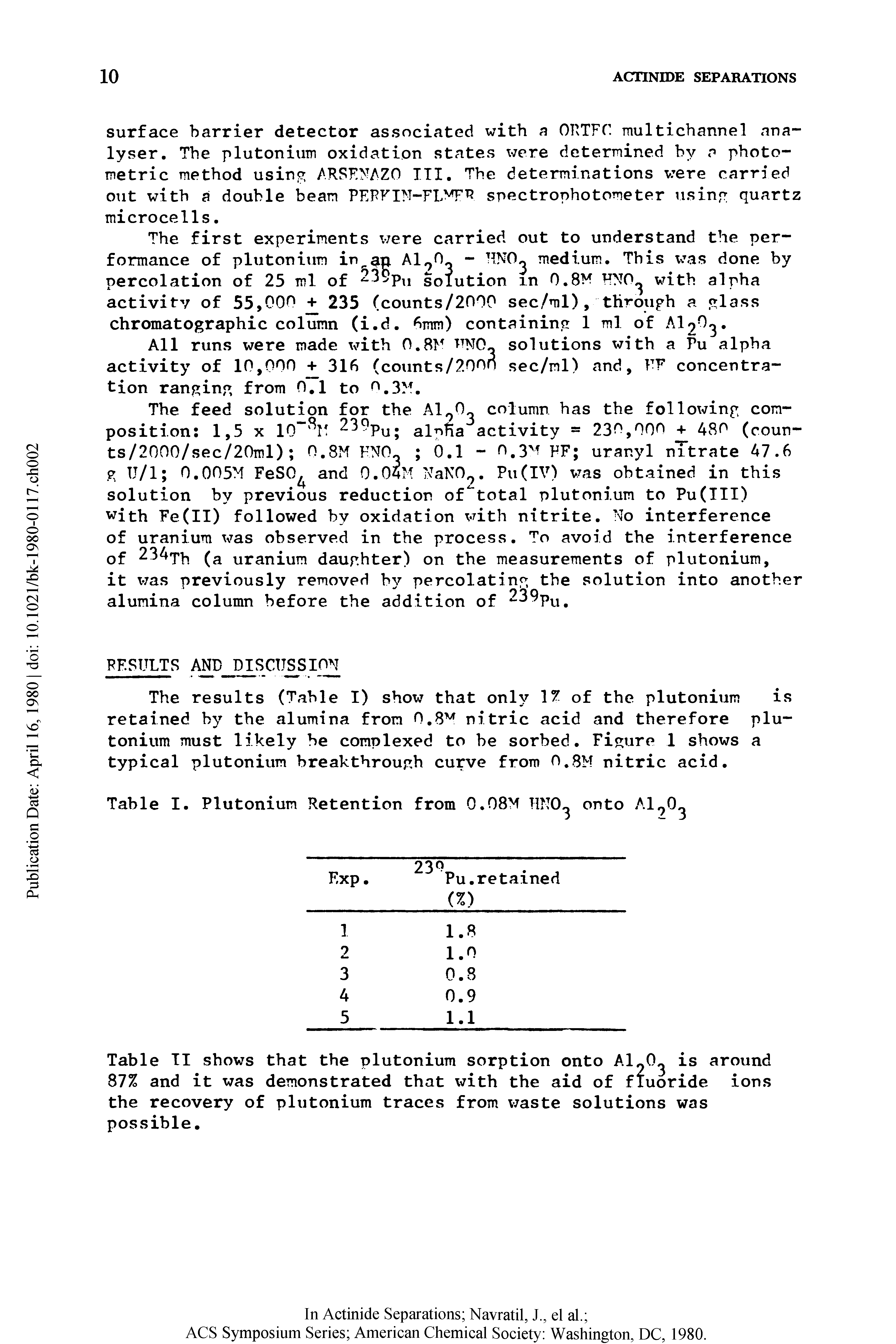 Table II shows that the plutonium sorption onto A190 is around 87% and it was demonstrated that with the aid of fluoride ions the recovery of plutonium traces from waste solutions was possible.