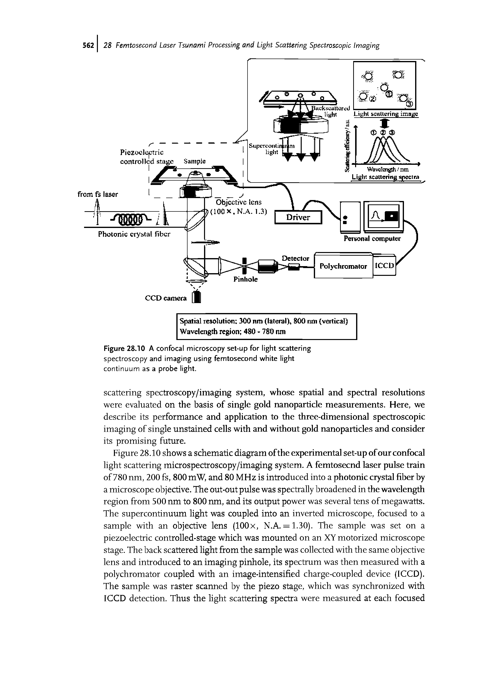 Figure 28.10 A confocal microscopy set-up for light scattering spectroscopy and imaging using femtosecond white light continuum as a probe light.