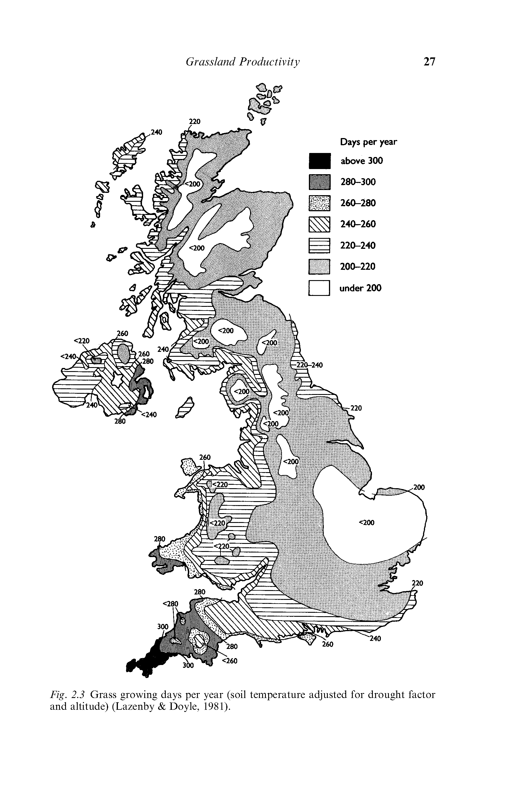 Fig. 2.3 Grass growing days per year (soil temperature adjusted for drought factor and altitude) (Lazenby Doyle, 1981).