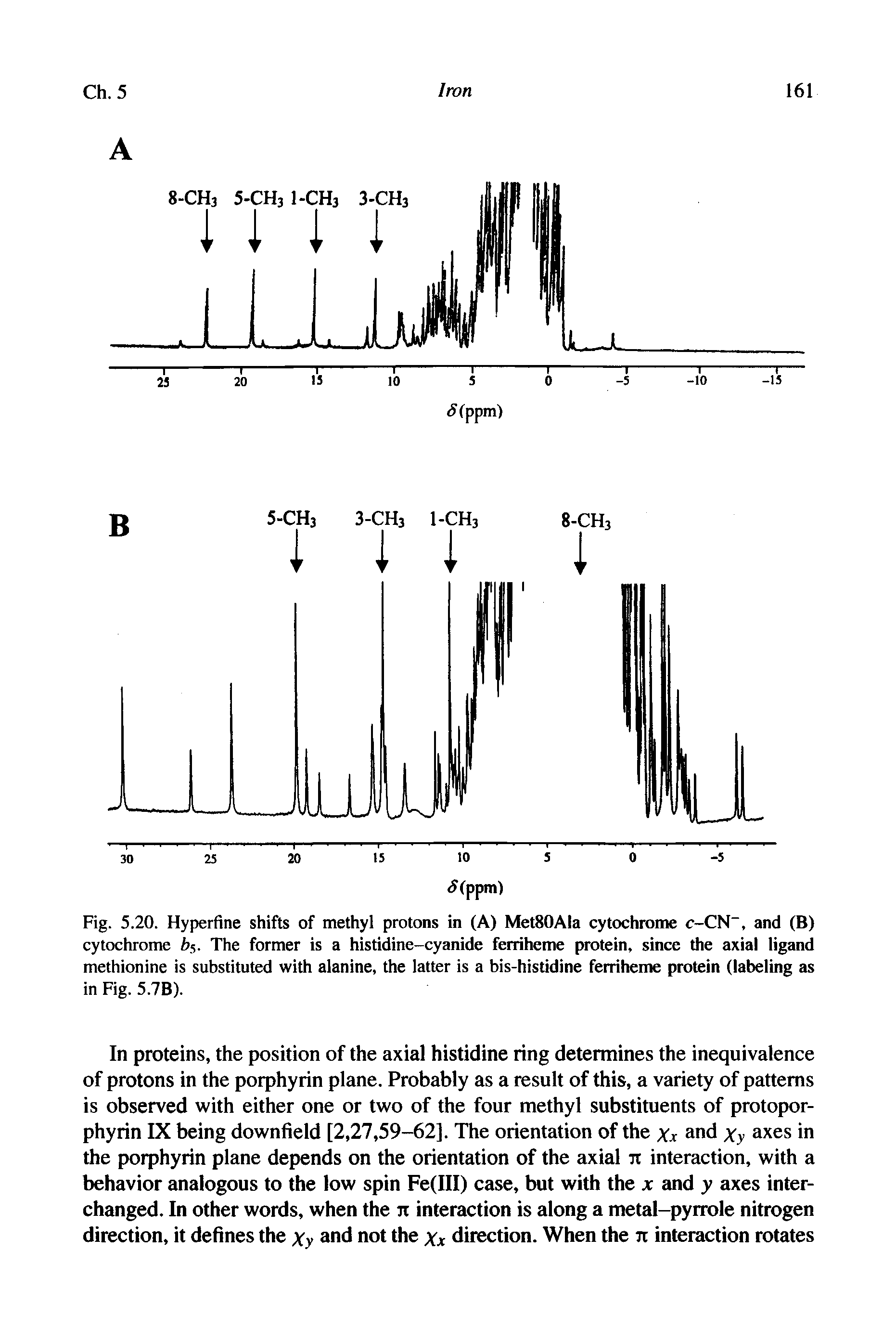 Fig. 5.20. Hyperfine shifts of methyl protons in (A) Met80Ala cytochrome c-CN-, and (B) cytochrome b5. The former is a histidine-cyanide ferriheme protein, since the axial ligand methionine is substituted with alanine, the latter is a bis-histidine ferriheme protein (labeling as in Fig. 5.7B).