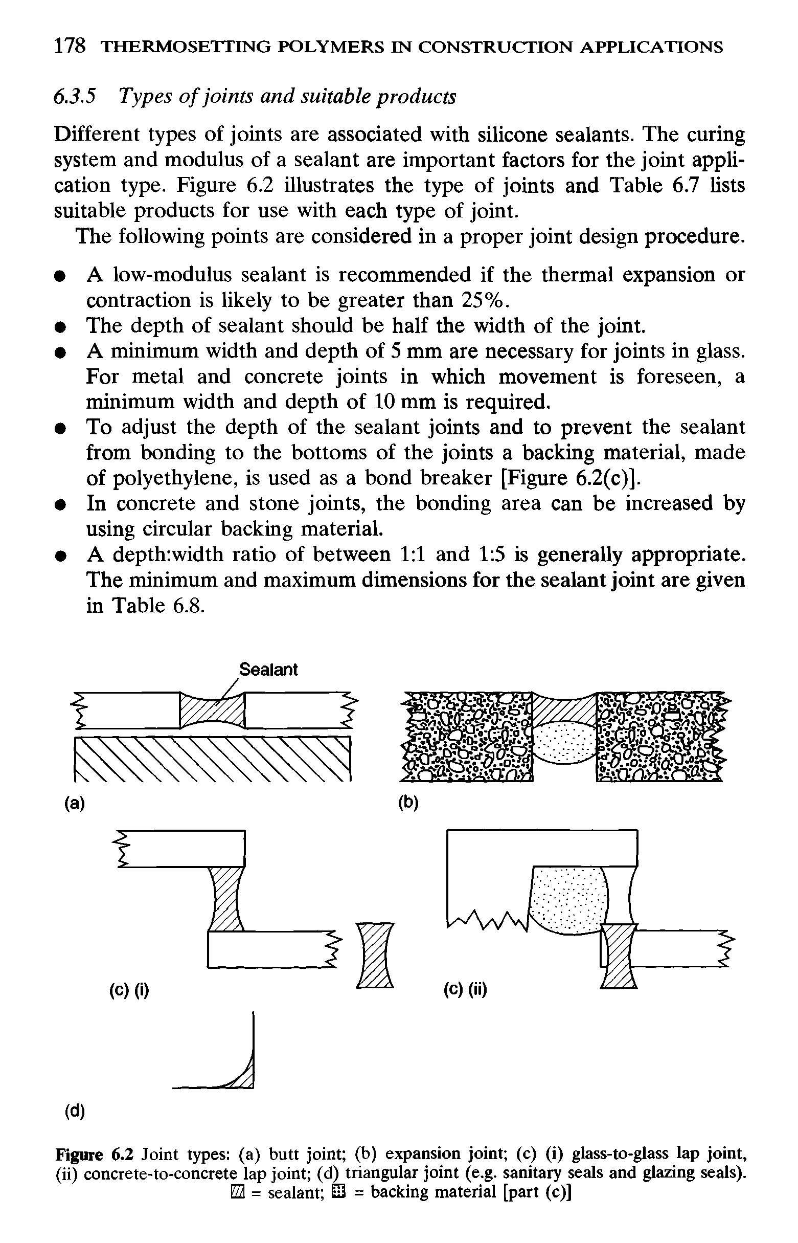 Figure 6.2 Joint types (a) butt joint (b) expansion joint (c) (i) glass-to-glass lap joint, (ii) concrete-to-concrete lap joint (d) triangular joint (e.g. sanitary seals and glazing seals). H = sealant S = backing material [part (c)]...