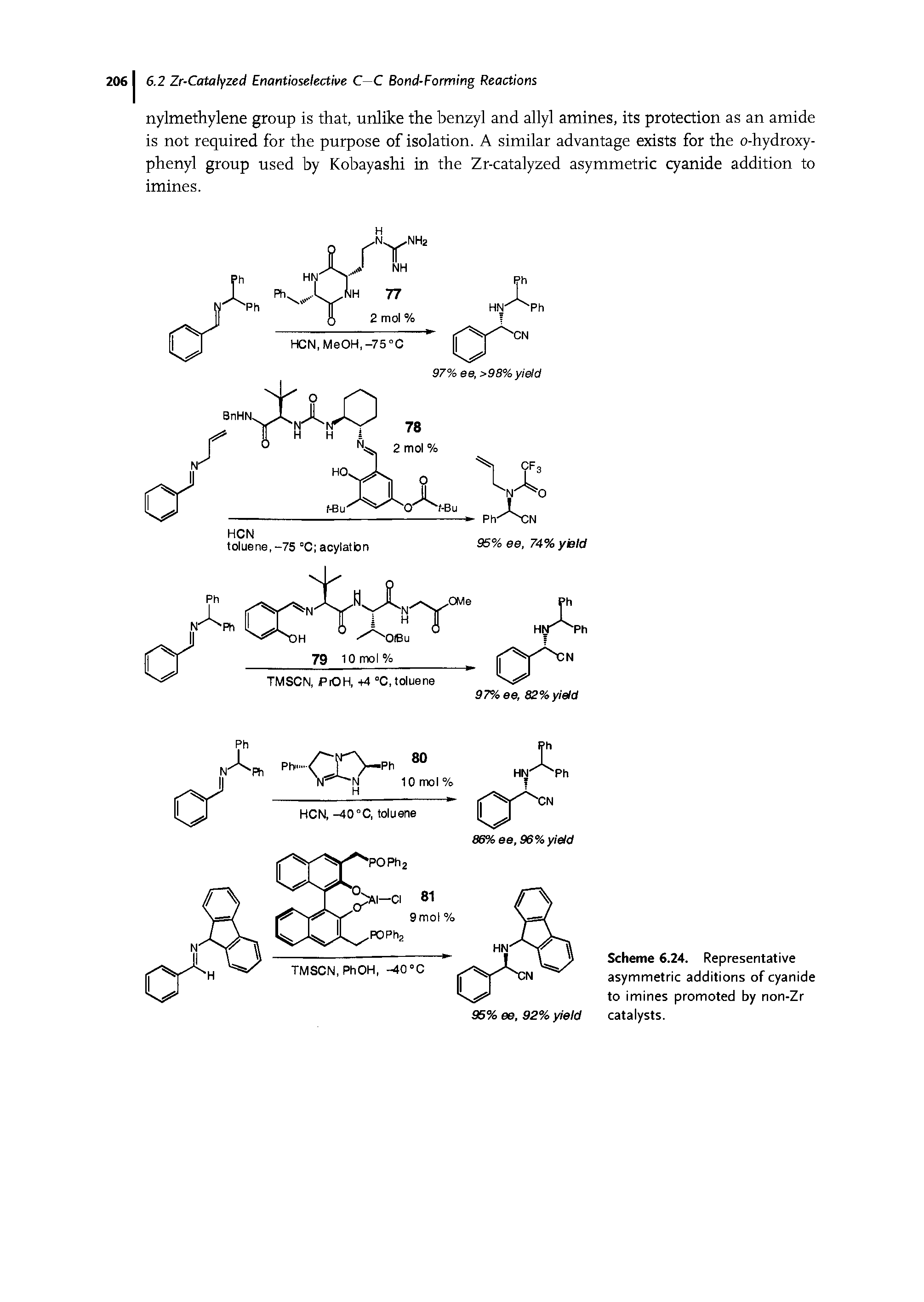 Scheme 6.24. Representative asymmetric additions of cyanide to imines promoted by non-Zr catalysts.