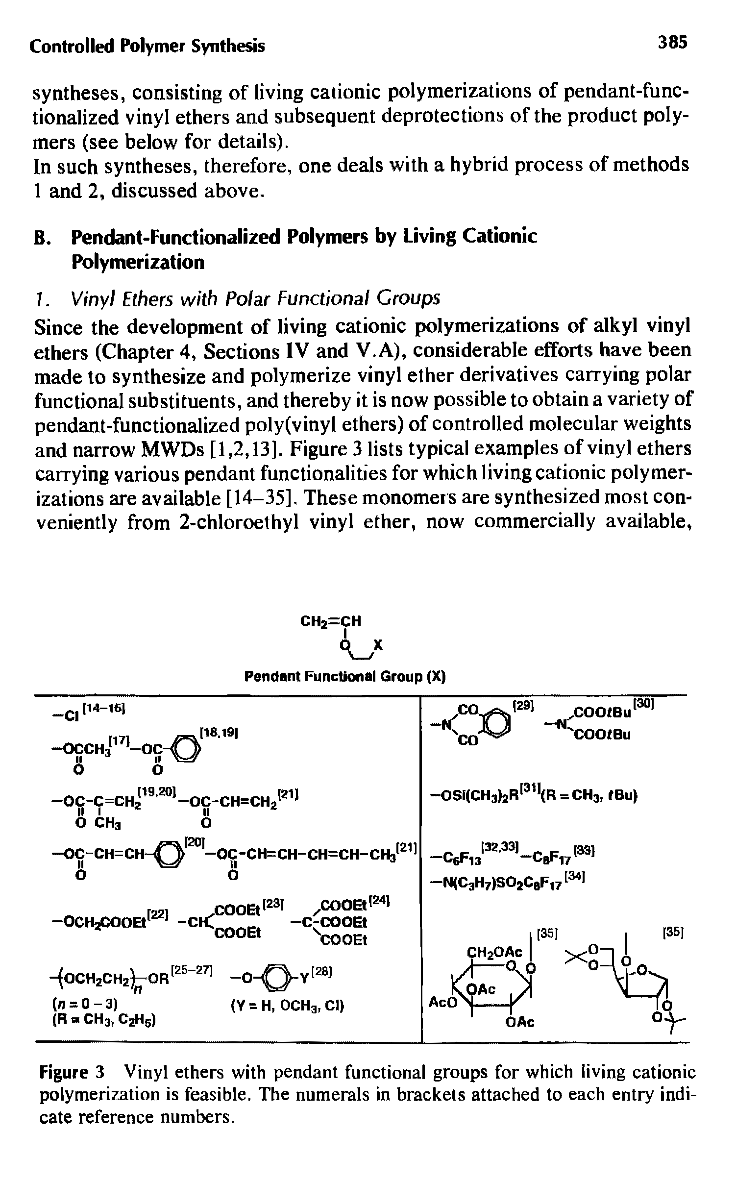 Figure 3 Vinyl ethers with pendant functional groups for which living cationic polymerization is feasible. The numerals in brackets attached to each entry indicate reference numbers.