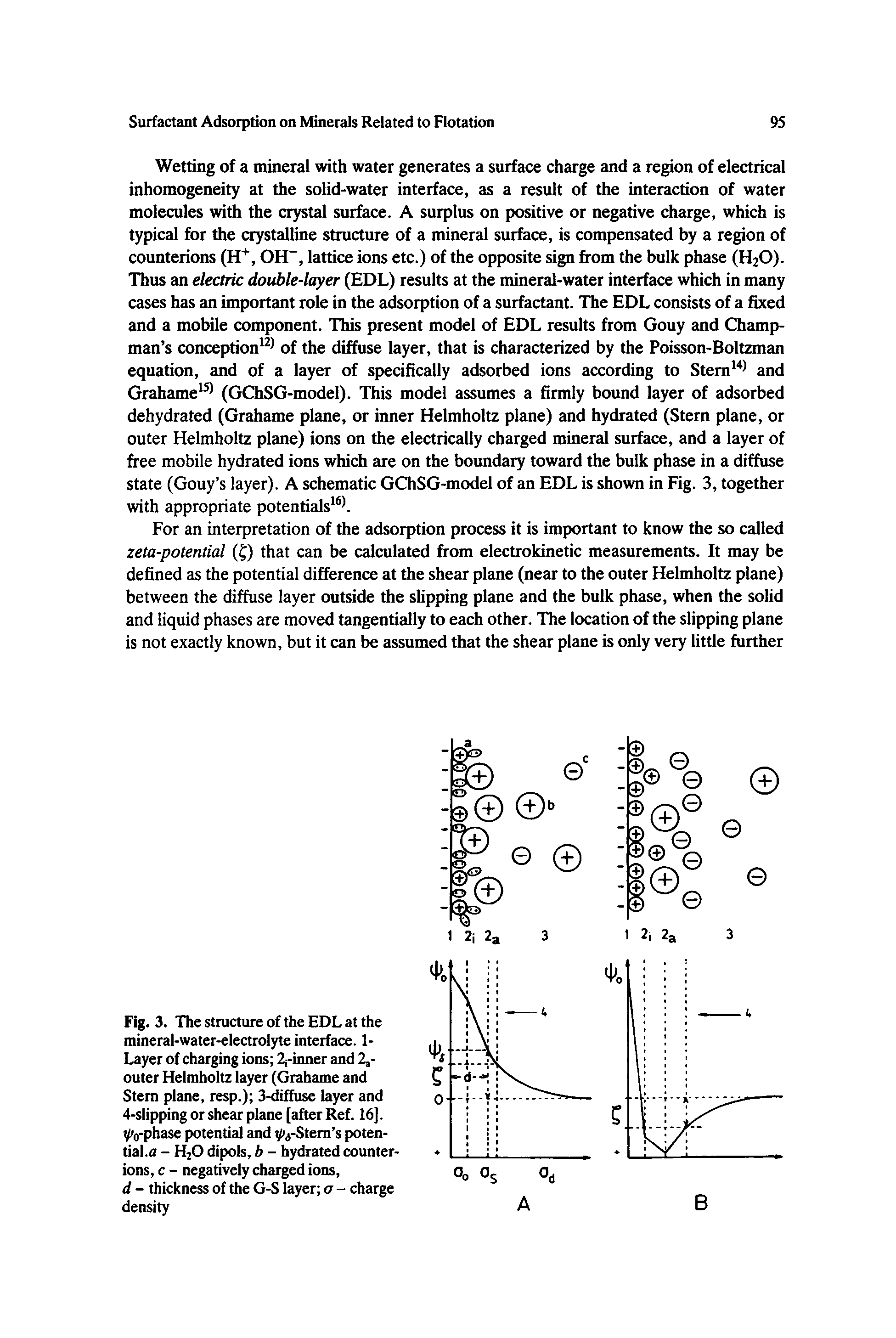 Fig. 3. The structure of the EDL at the mineral-water-electrolyte interface. 1-Layer of charging ions 2j-inner and 2,-outer Helmholtz layer (Grahame and Stem plane, resp.) 3-diffuse layer and 4-slipping or shear plane [after Ref. 16]. V o-phase potential and -Stern s poten-tial.a - H20 dipols, b - hydrated counterions, c - negatively charged ions, d - thickness of the G-S layer o - charge density...