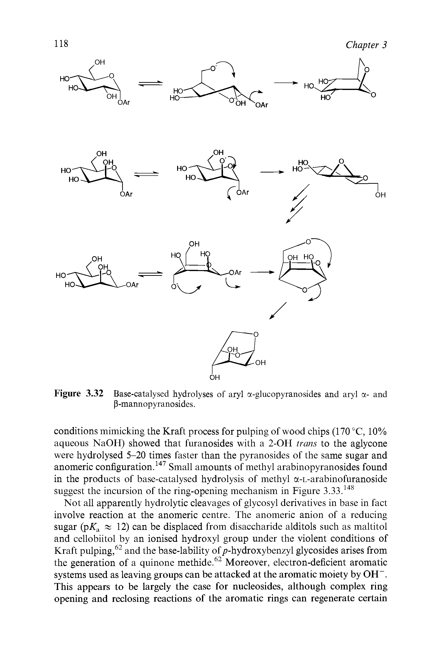 Figure 3.32 Base-catalysed hydrolyses of aryl a-glucopyranosides and aryl a- and P-mannopyranosides.