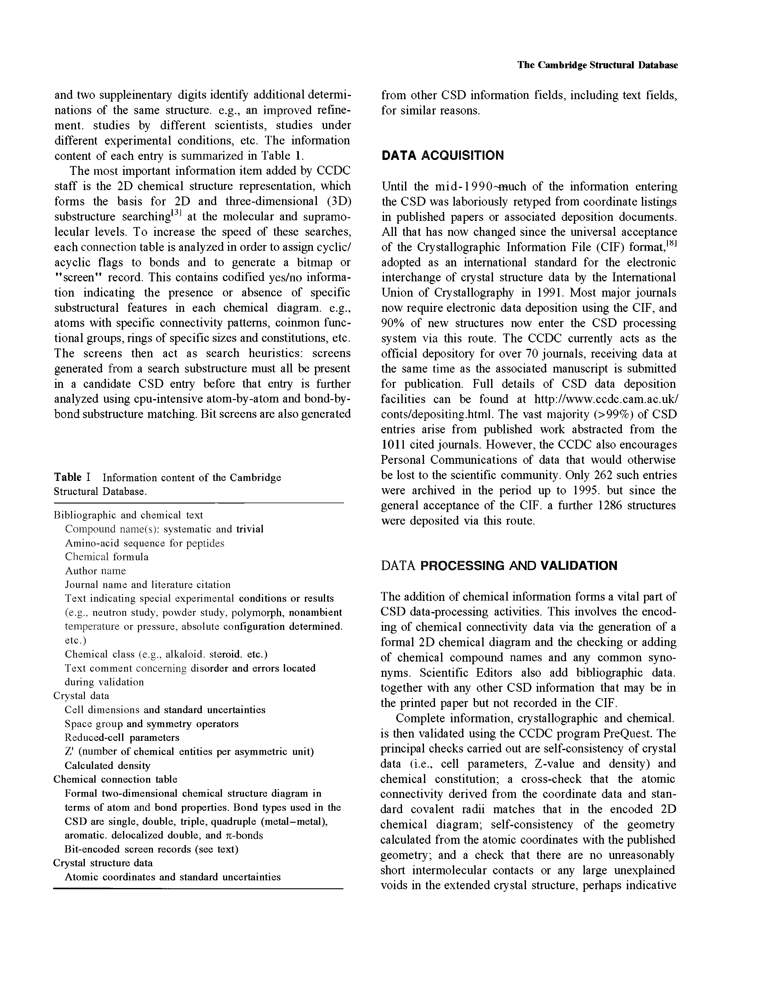 Table I Information content of the Cambridge Structural Database.