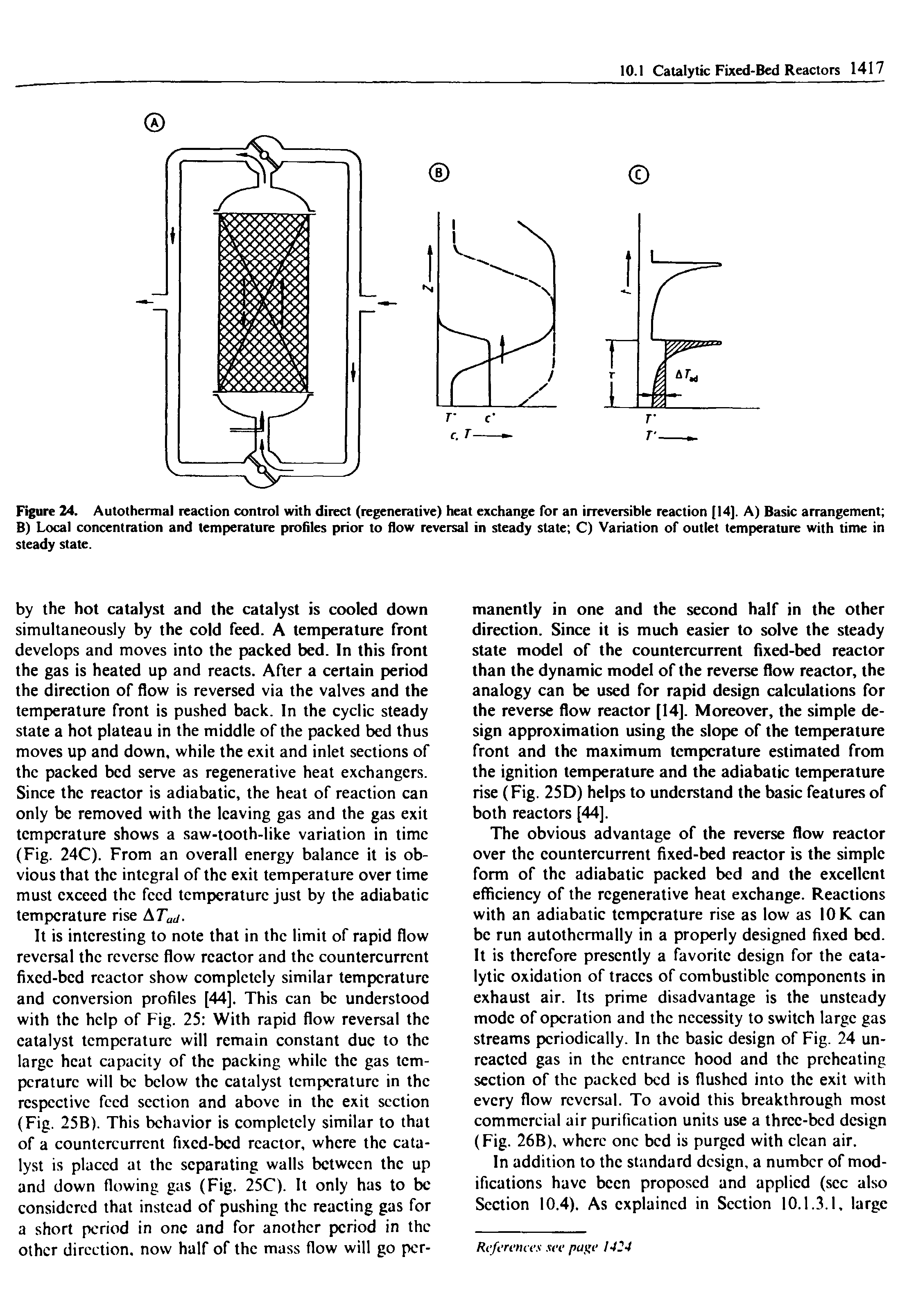 Figure 24. Autothermal reaction control with direct (regenerative) heat exchange for an irreversible reaction [14], A) Basic arrangement B) Local concentration and temperature profiles prior to flow reversal in steady state C) Variation of outlet temperature with time in steady state.