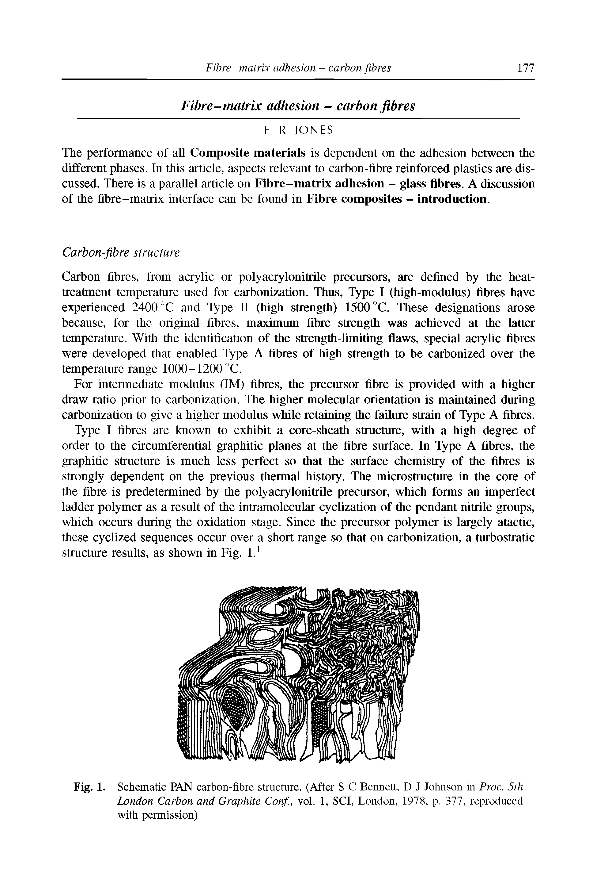 Fig. 1. Schematic PAN carbon-fibre structure. (After S C Bennett, D J Johnson in Proc. 5th London Carbon and Graphite Conf., vol. 1, SCI, London, 1978, p. 377, reproduced with permission)...