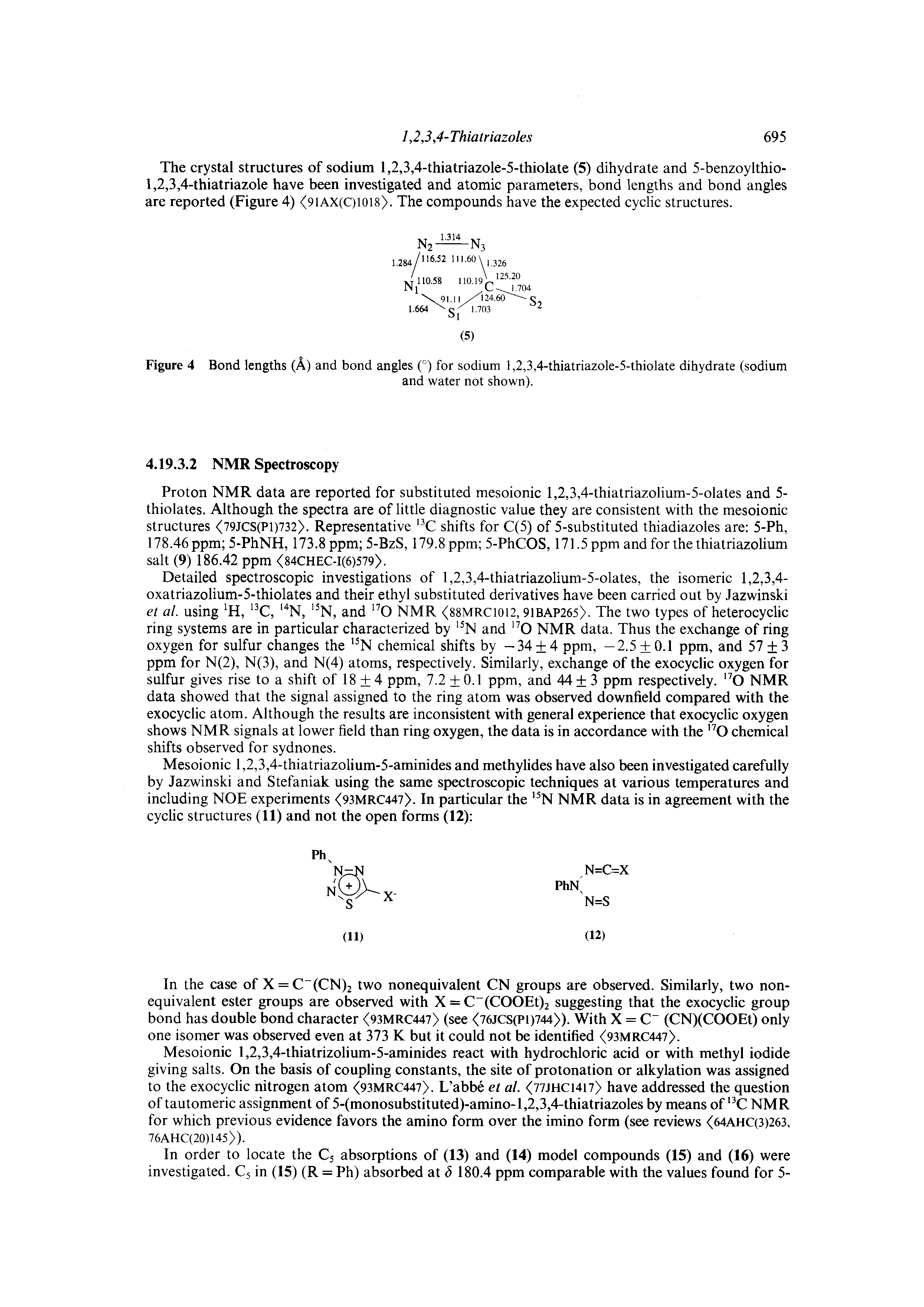 Figure 4 Bond lengths (A) and bond angles (°) for sodium l,2,3,4-thiatriazole-5-thiolate dihydrate (sodium...