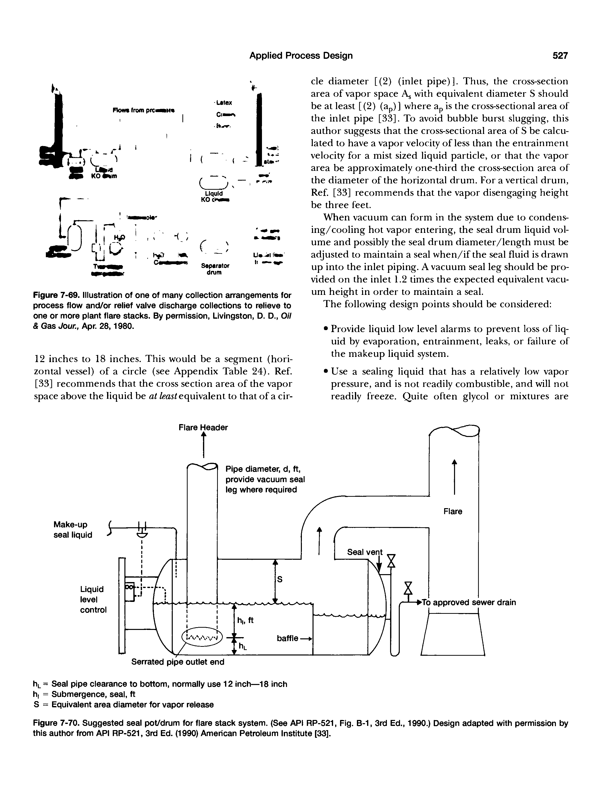 Figure 7-70. Suggested seal pot/drum for flare stack system. (See API RP-521, Fig. B-1, 3rd Ed., 1990.) Design adapted with permission by this author from API RP-521, 3rd Ed. (1990) American Petroleum Institute [33].