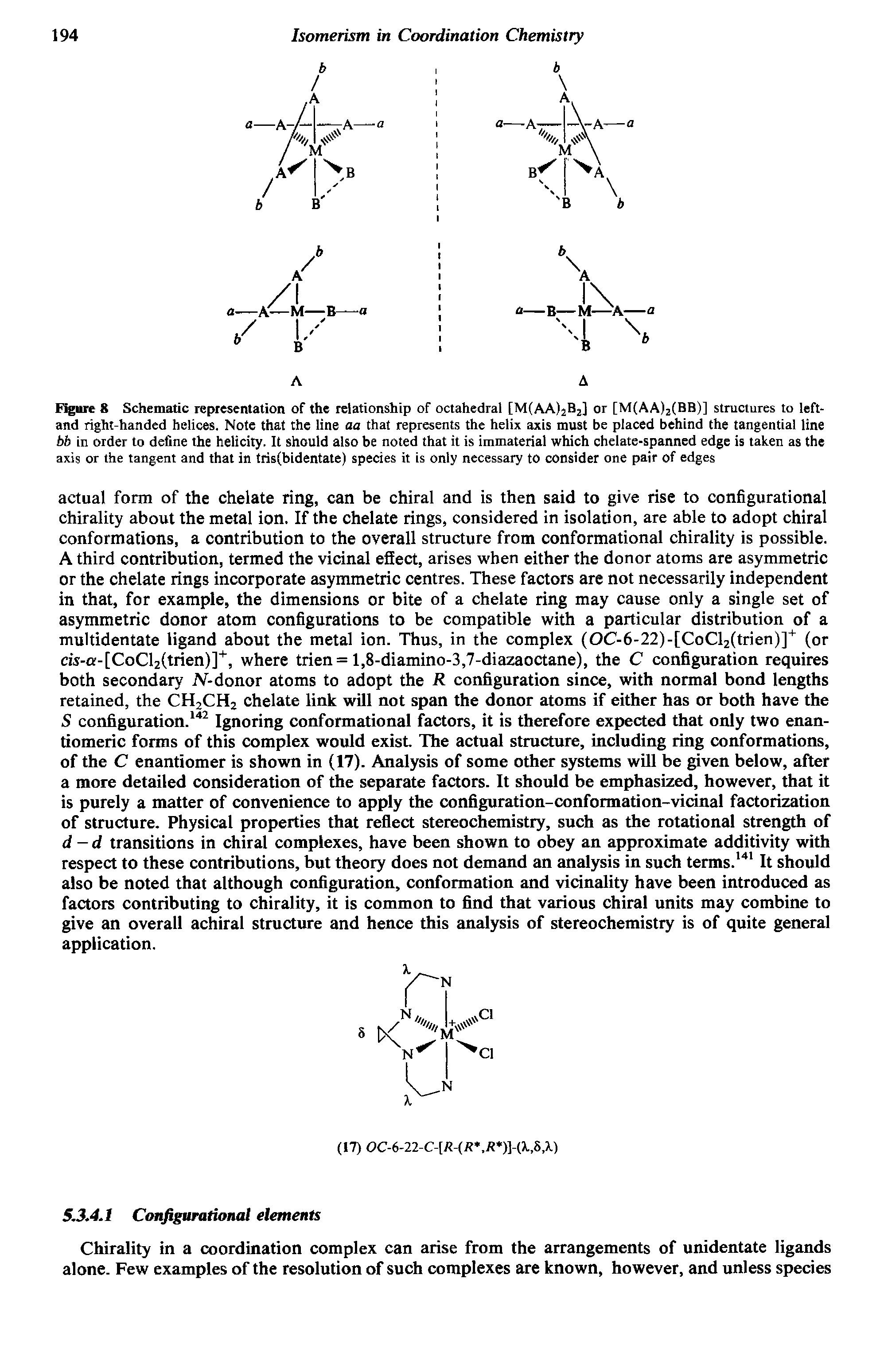 Figure 8 Schematic representation of the relationship of octahedral [M(AA)2B2] or [M(AA)2(BB)] structures to left-and right-handed helices. Note that the line aa that represents the helix axis must be placed behind the tangential line bb in order to define the helicity. It should also be noted that it is immaterial which chelate-spanned edge is taken as the axis or the tangent and that in tris(bidentate) species it is only necessary to consider one pair of edges...