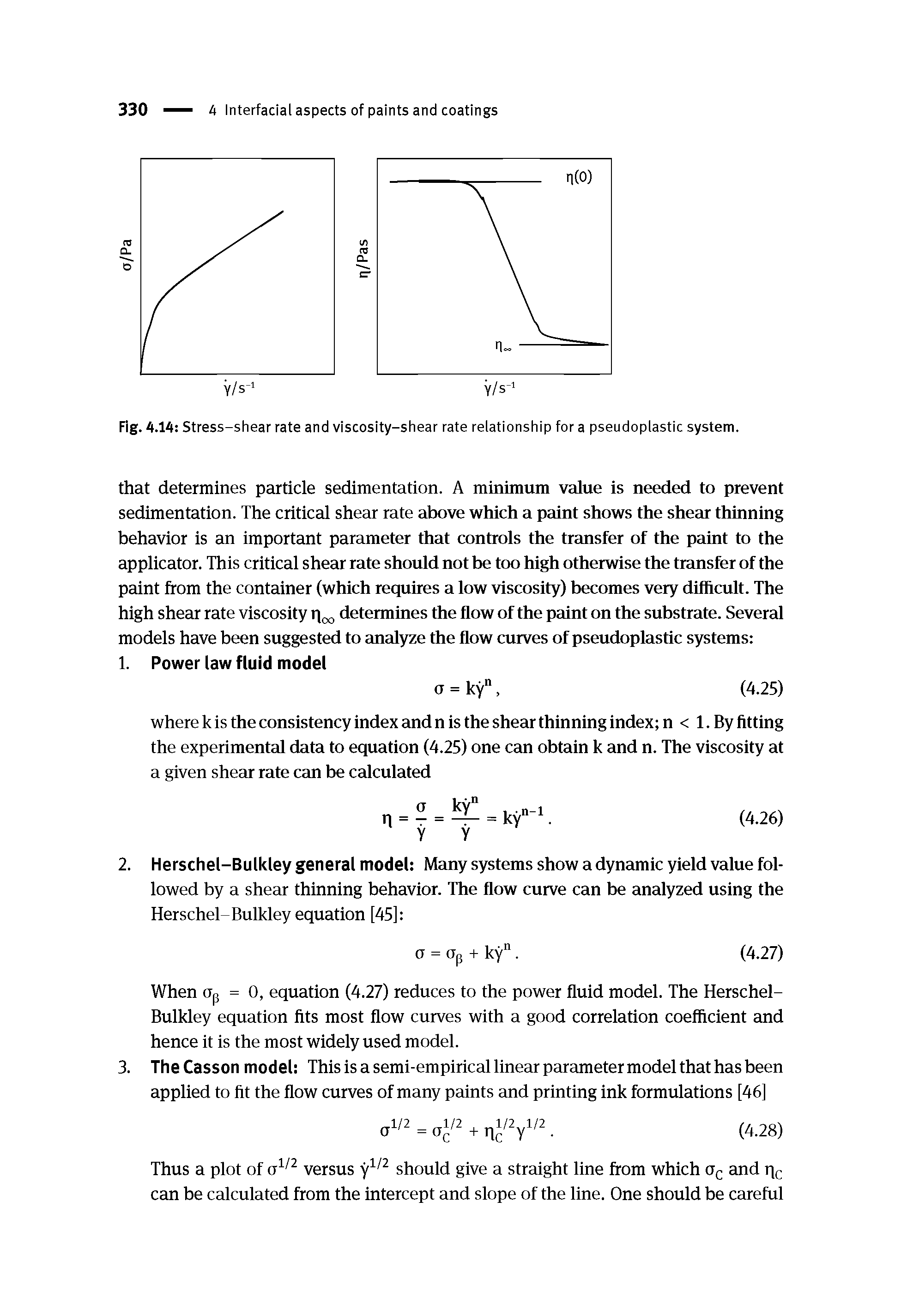 Fig. 4.14 Stress-shear rate and viscosity-shear rate relationship for a pseudoplastic system.