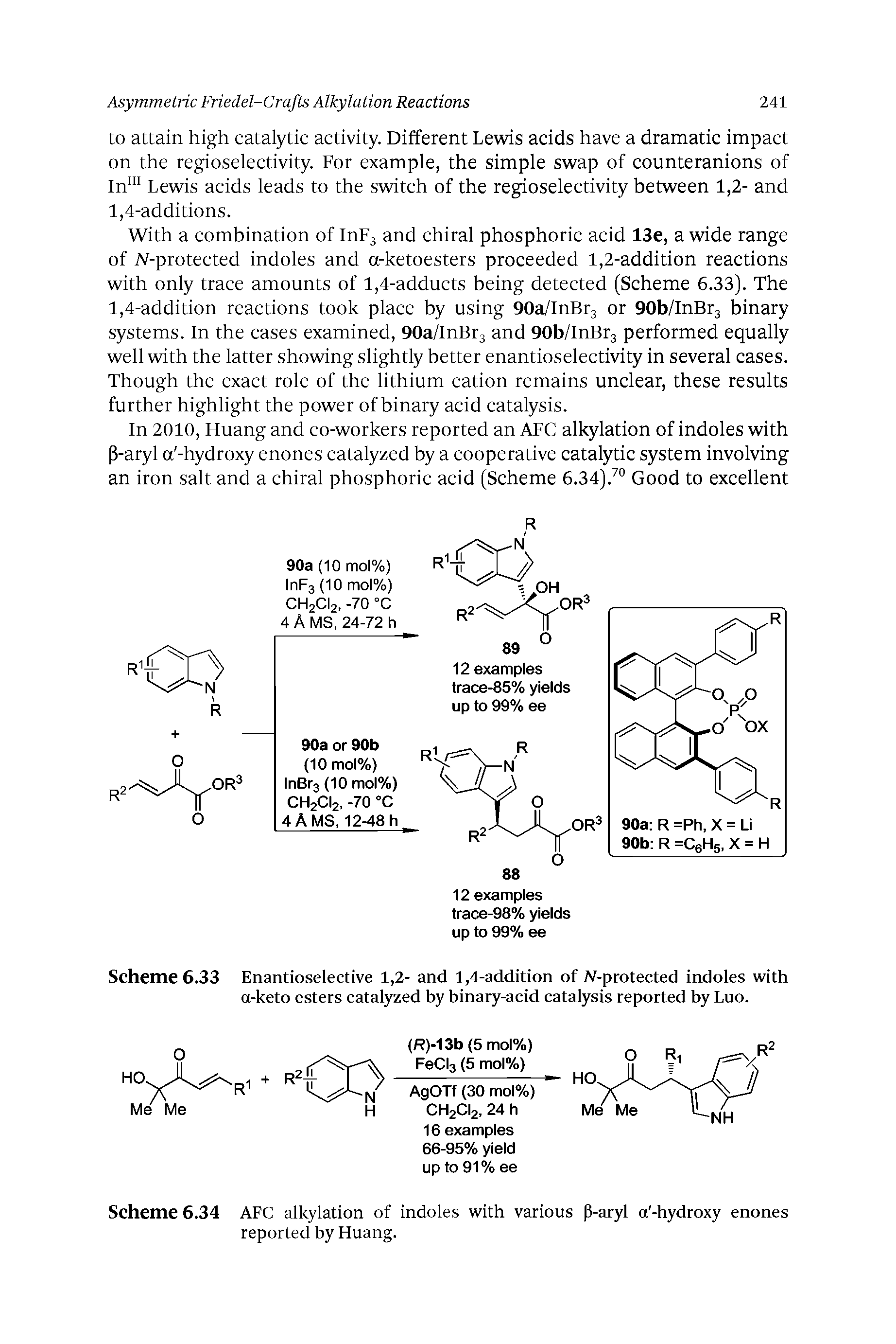 Scheme 6.33 Enantioselective 1,2- and 1,4-addition of N-protected indoles with a-keto esters catalyzed by binary-acid catalysis reported by Luo.