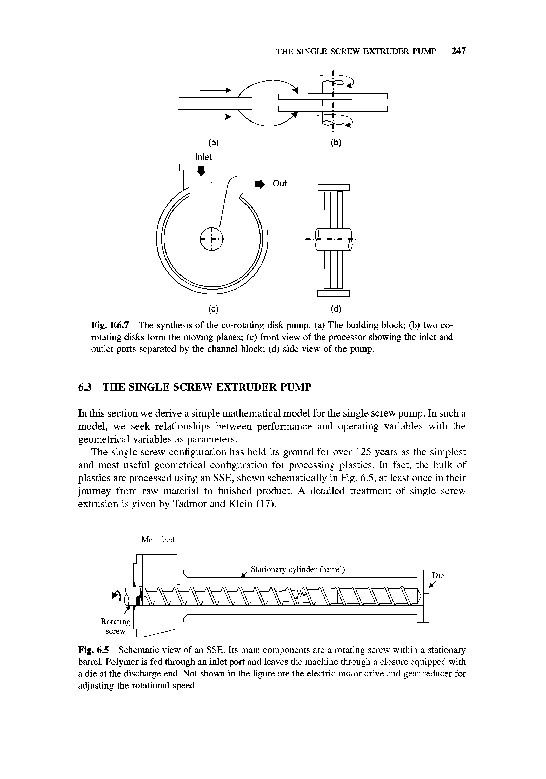 Fig. 6.5 Schematic view of an SSE. Its main components are a rotating screw within a stationary barrel. Polymer is fed through an inlet port and leaves the machine through a closure equipped with a die at the discharge end. Not shown in the figure are the electric motor drive and gear reducer for adjusting the rotational speed.