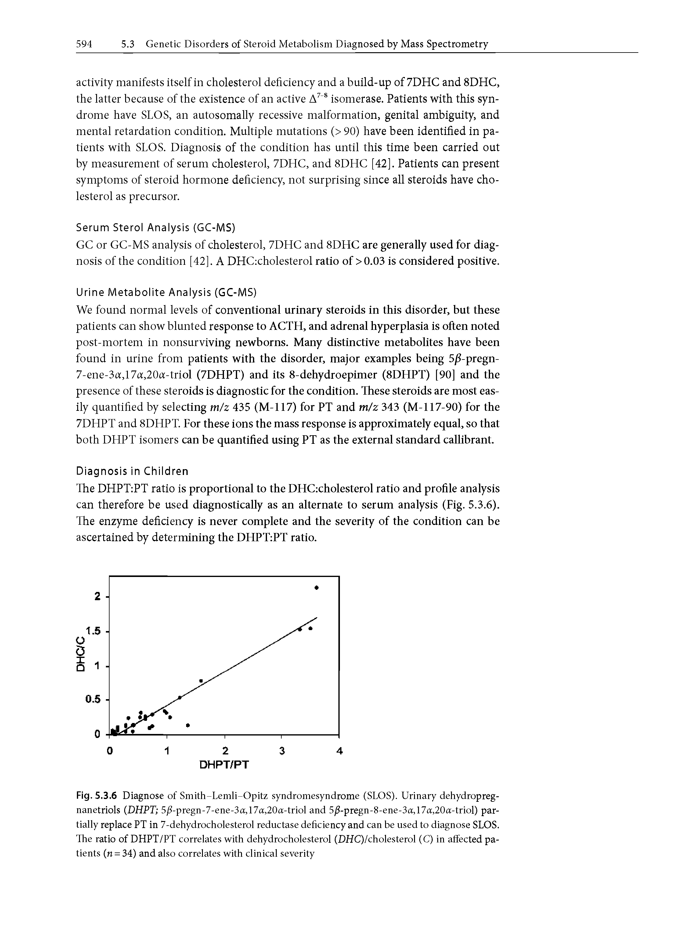 Fig. 5.3.6 Diagnose of Smith-Lemli-Opitz syndromesyndrome (SLOS). Urinary dehydropreg-nanetriols (DHPT 5/ -pregn-7-ene-3a,17a,20a-triol and 5j3-pregn-8-ene-3a,17a,20a-triol) partially replace PT in 7-dehydrocholesterol reductase deficiency and can be used to diagnose SLOS. The ratio of DHPT/PT correlates with dehydrocholesterol (DHC)/cholesterol (C) in affected patients (n = 34) and also correlates with clinical severity...