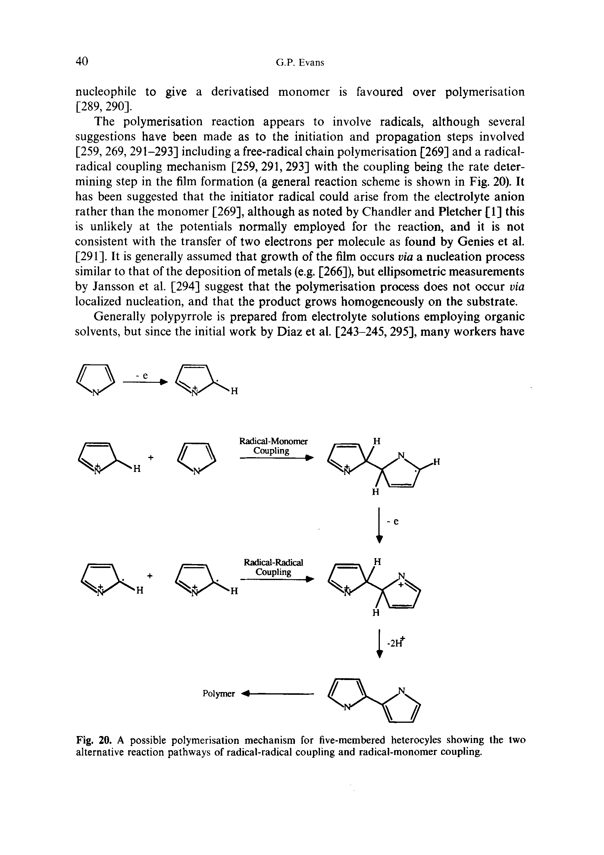 Fig. 20. A possible polymerisation mechanism for five-membered heterocyles showing the two alternative reaction pathways of radical-radical coupling and radical-monomer coupling.