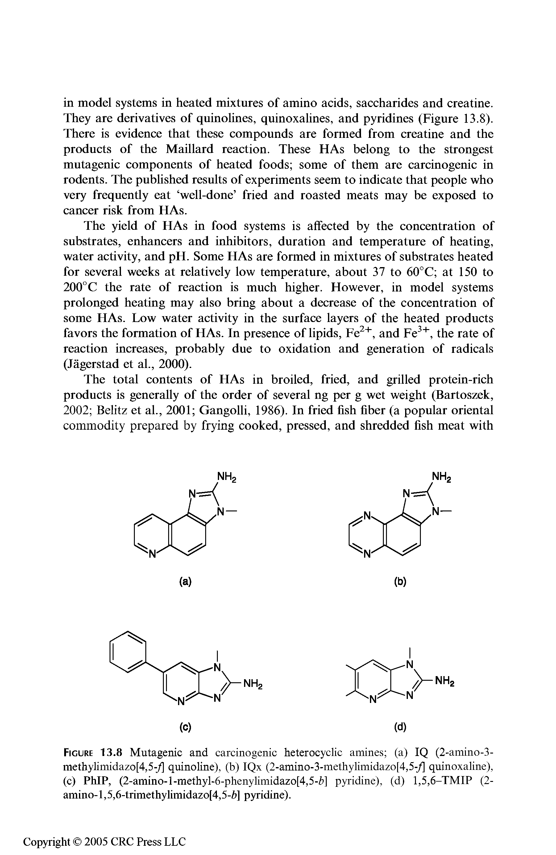 Figure 13.8 Mutagenic and carcinogenic heterocyclic amines (a) IQ (2-amino-3-methylimidazo[4,5-/ quinoline), (b) IQx (2-amino-3-methylimidazo[4,5-/ quinoxaline), (c) PhIP, (2-amino-l-methyl-6-phenylimidazo[4,5- ] pyridine), (d) 1,5,6-TMIP (2-amino-l,5,6-trimethylimidazo[4,5-6] p5ridine).