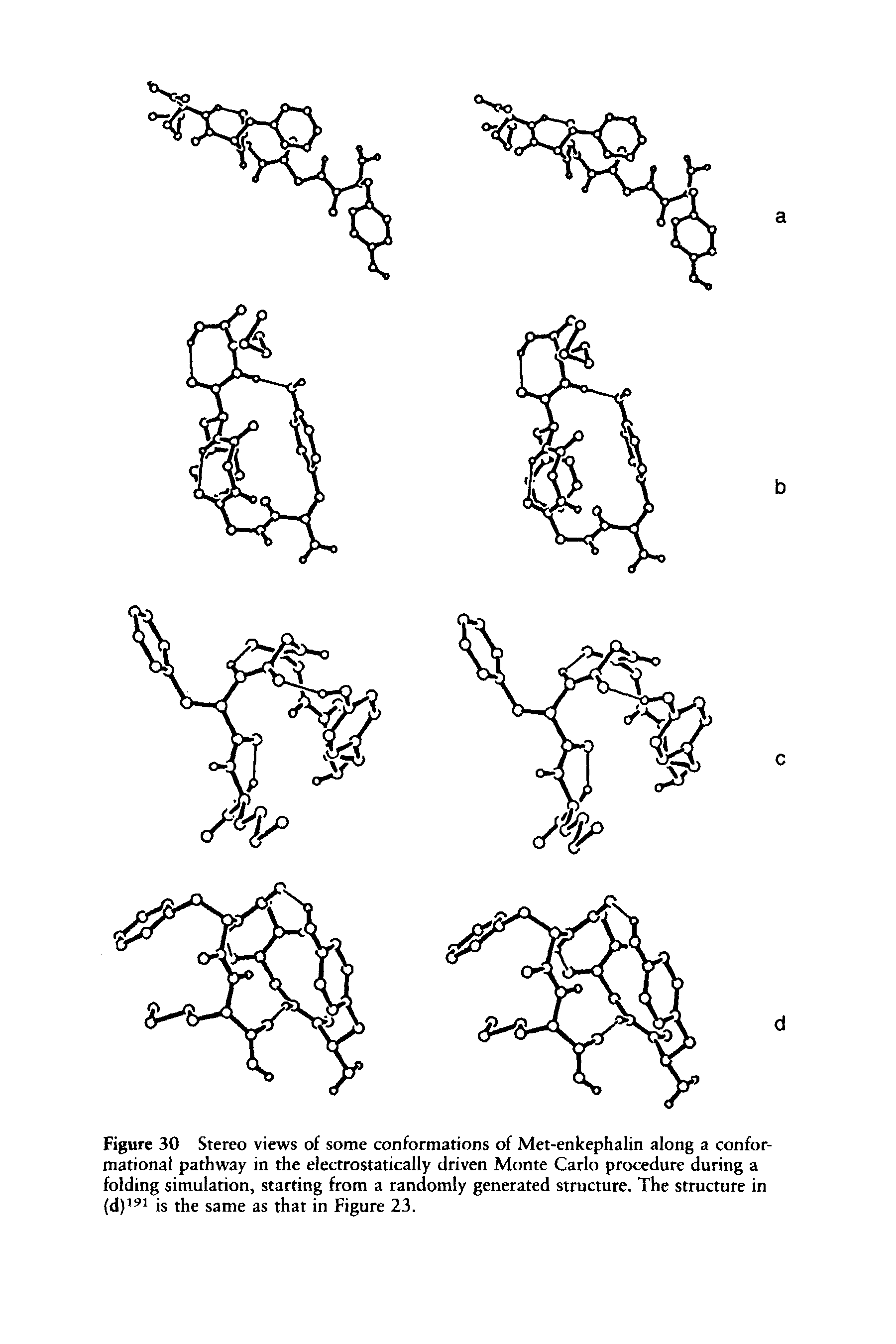 Figure 30 Stereo views of some conformations of Met-enkephalin along a conformational pathway in the electrostatically driven Monte Carlo procedure during a folding simulation, starting from a randomly generated structure. The structure in (d)191 is the same as that in Figure 23.
