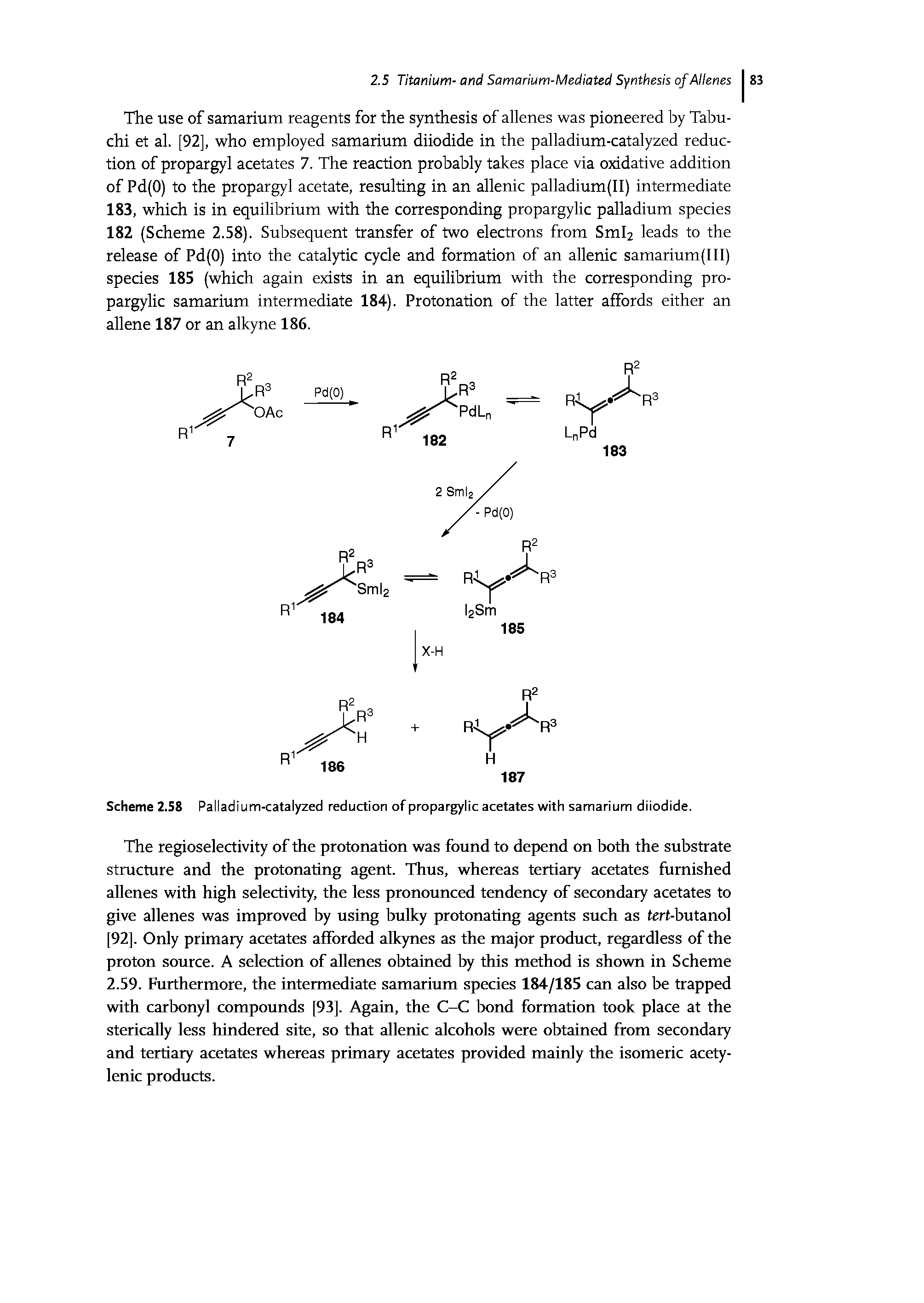 Scheme 2.58 Palladium-catalyzed reduction of propargylic acetates with samarium diiodide.