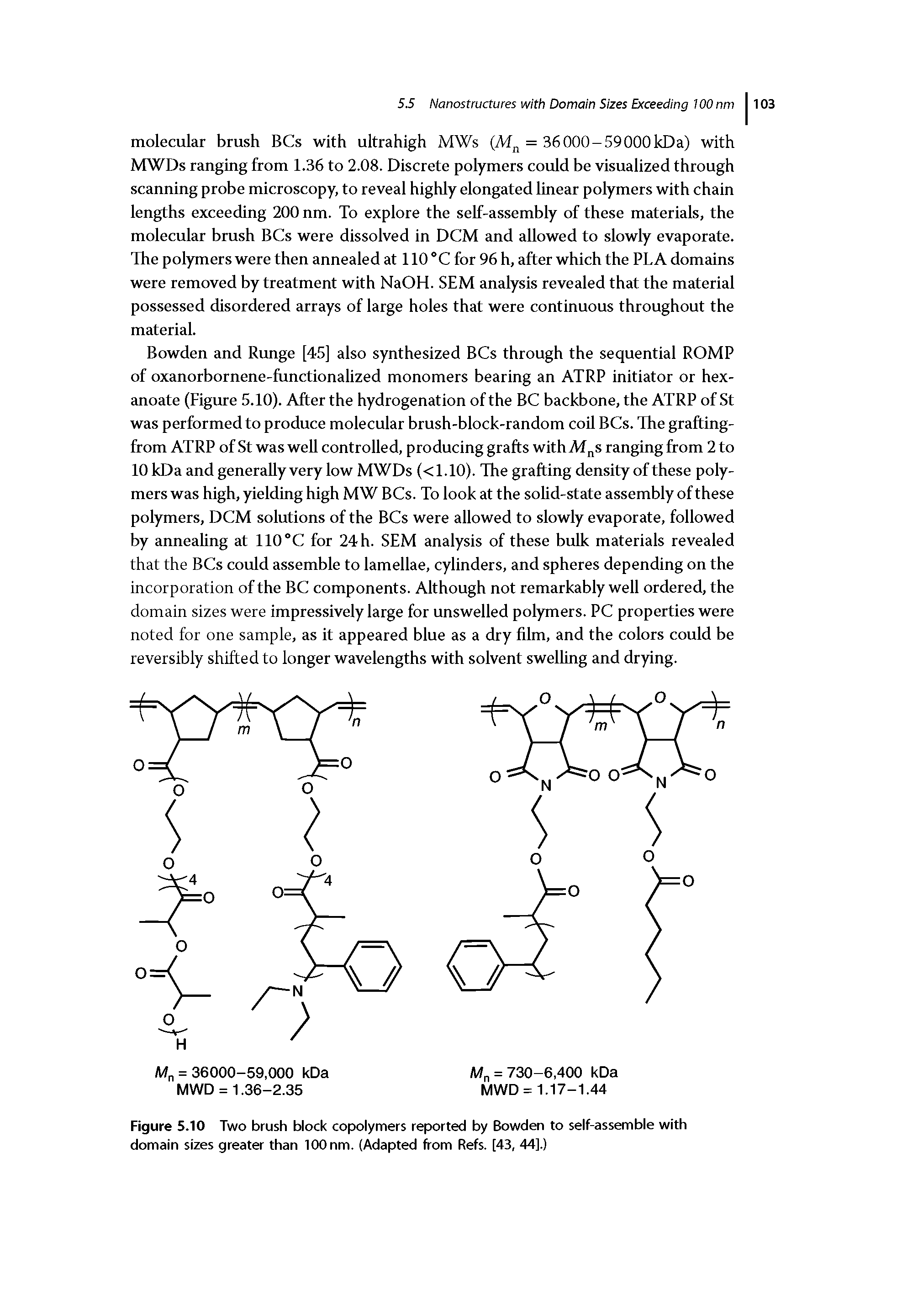 Figure 5.10 Two brush block copolymers reported by Bowden to self-assemble with domain sizes greater than 100 nm. (Adapted from Refs. [43, 44].)...