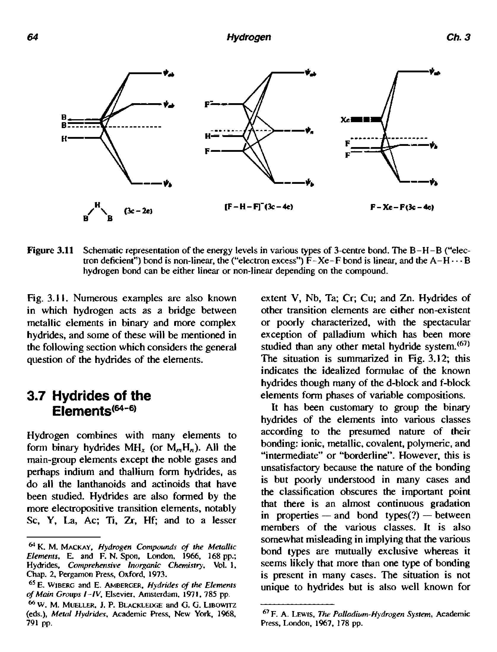 Fig. 3.11. Numerous examples are also known in which hydrogen acts as a bridge between metallic elements in binary and more complex hydrides, and some of these will be mentioned in the following section which considers the general question of the hydrides of the elements.