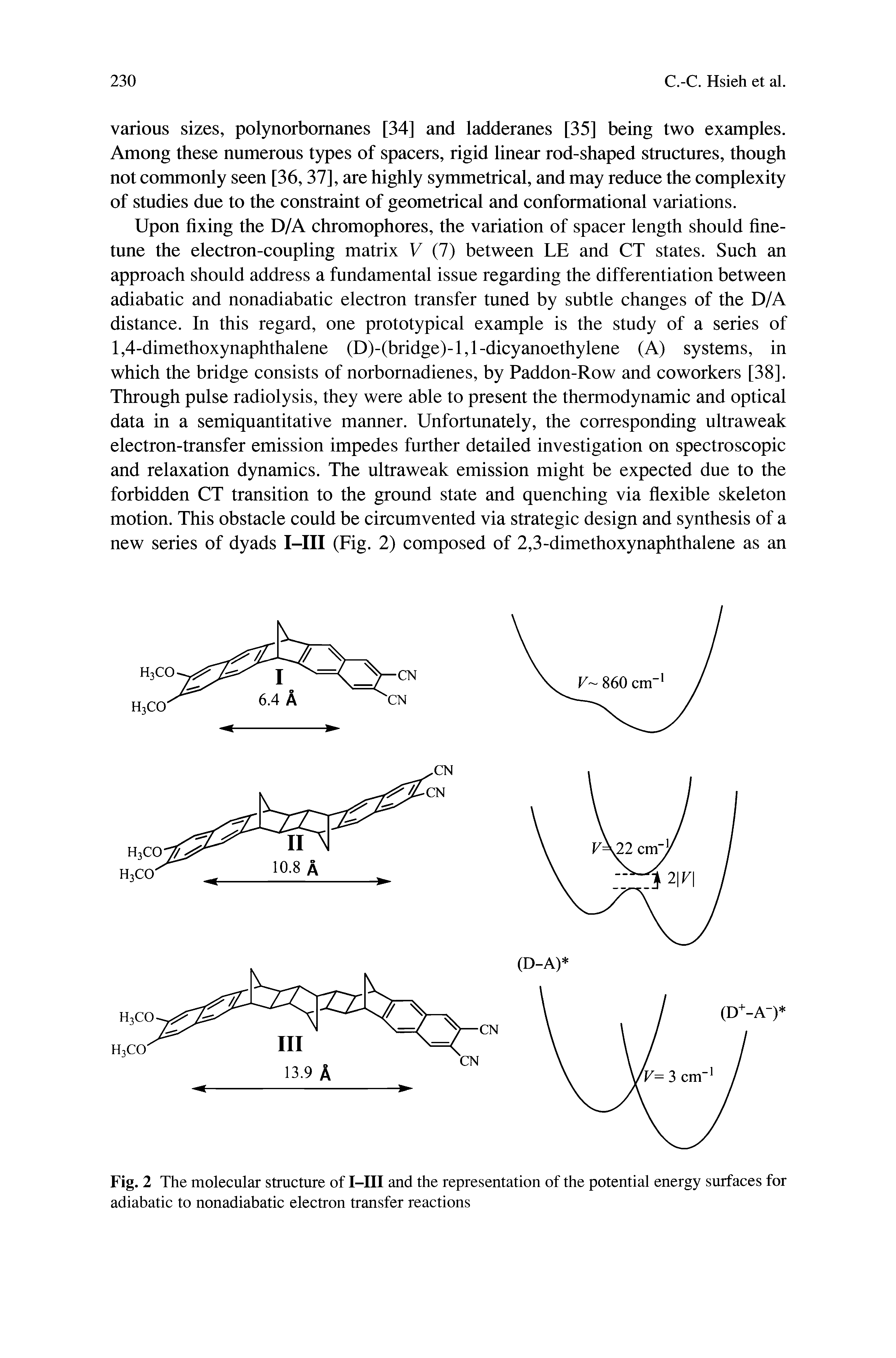 Fig. 2 The molecular structure of I—III and the representation of the potential energy surfaces for adiabatic to nonadiabatic electron transfer reactions...