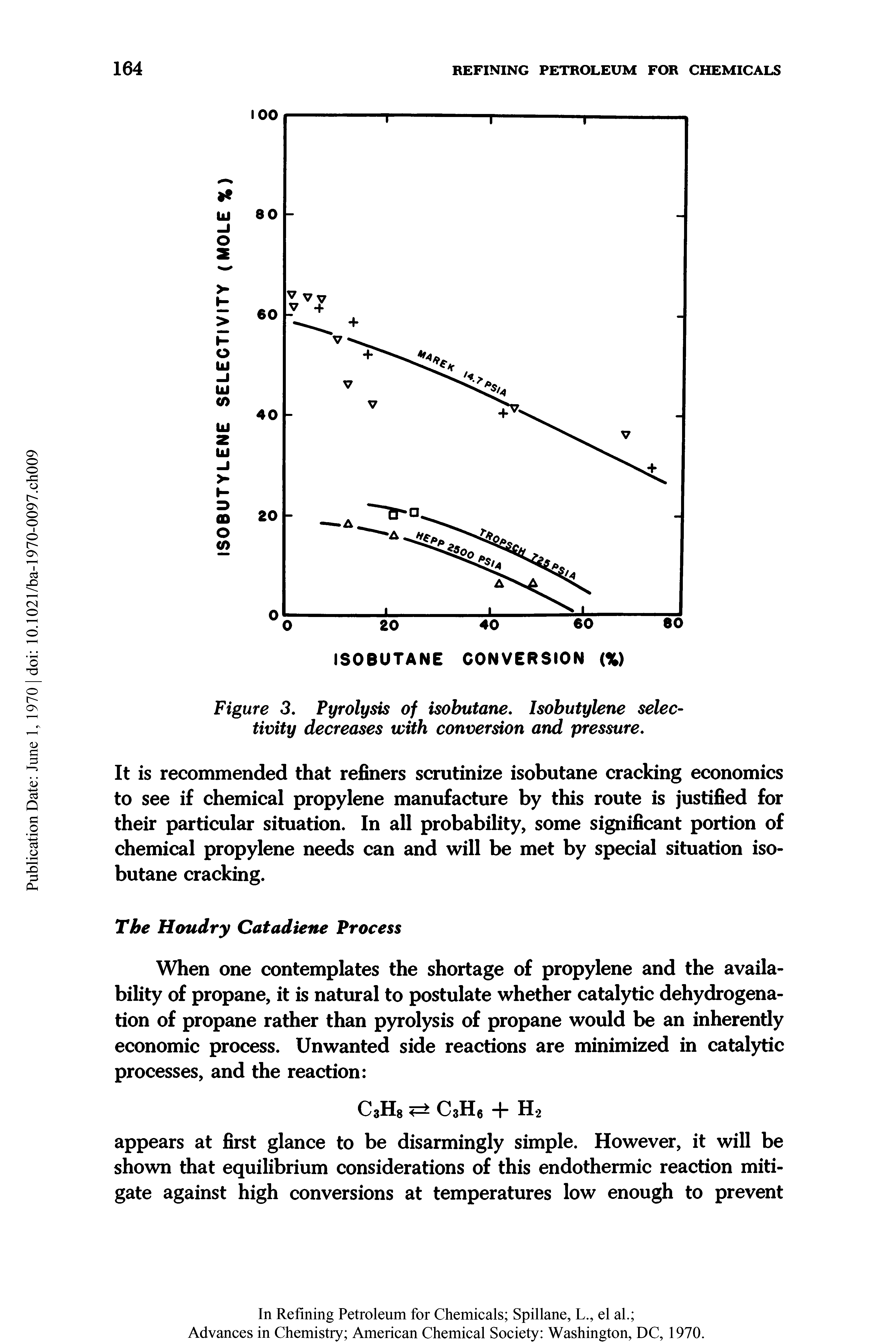 Figure 3. Pyrolysis of isobutane. Isobutylene selectivity decreases with conversion and pressure.