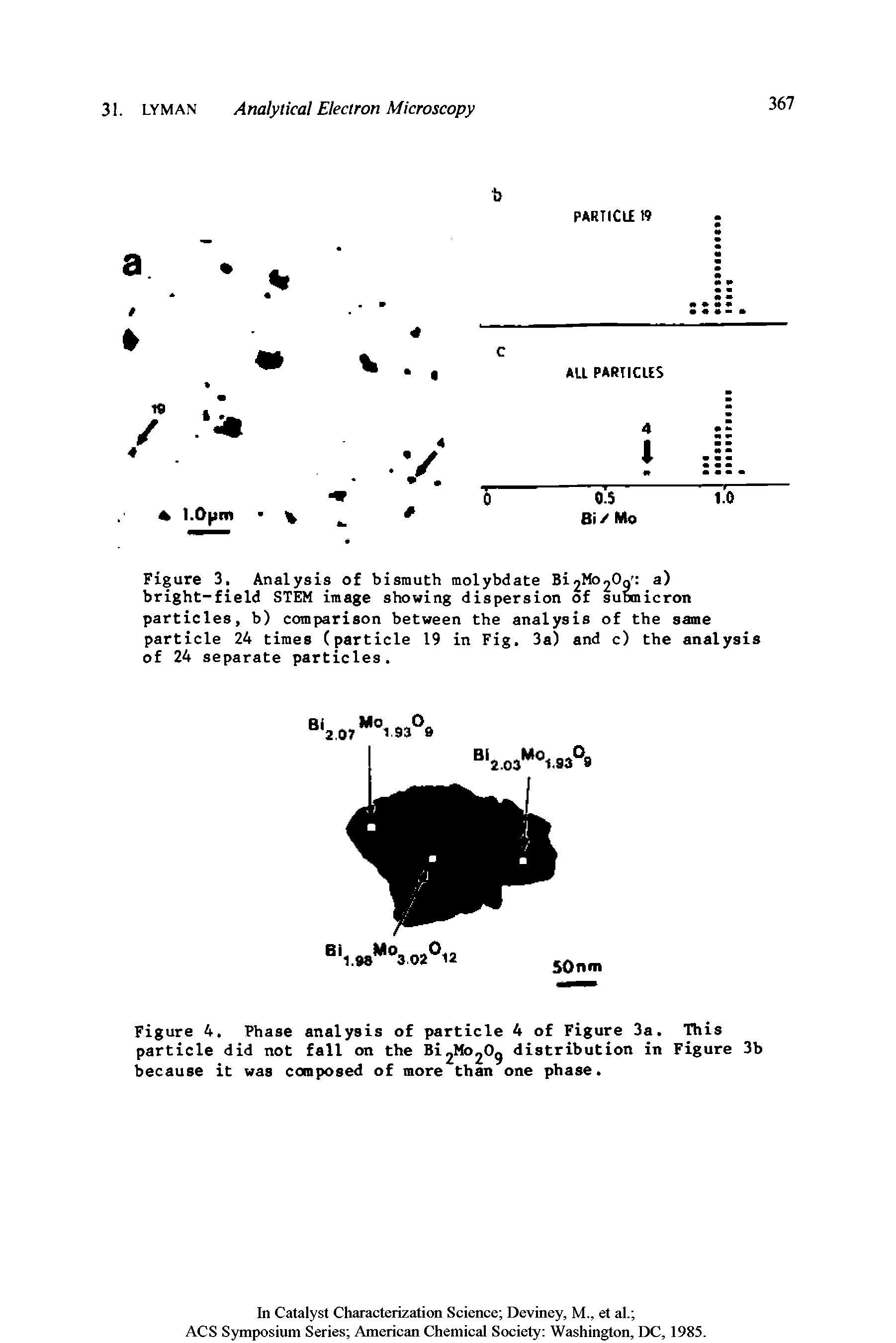 Figure 4. Phase analysis of particle 4 of Figure 3a. This particle did not fall on the Bi2Mo20g distribution in Figure 3b because it was composed of more than one phase.