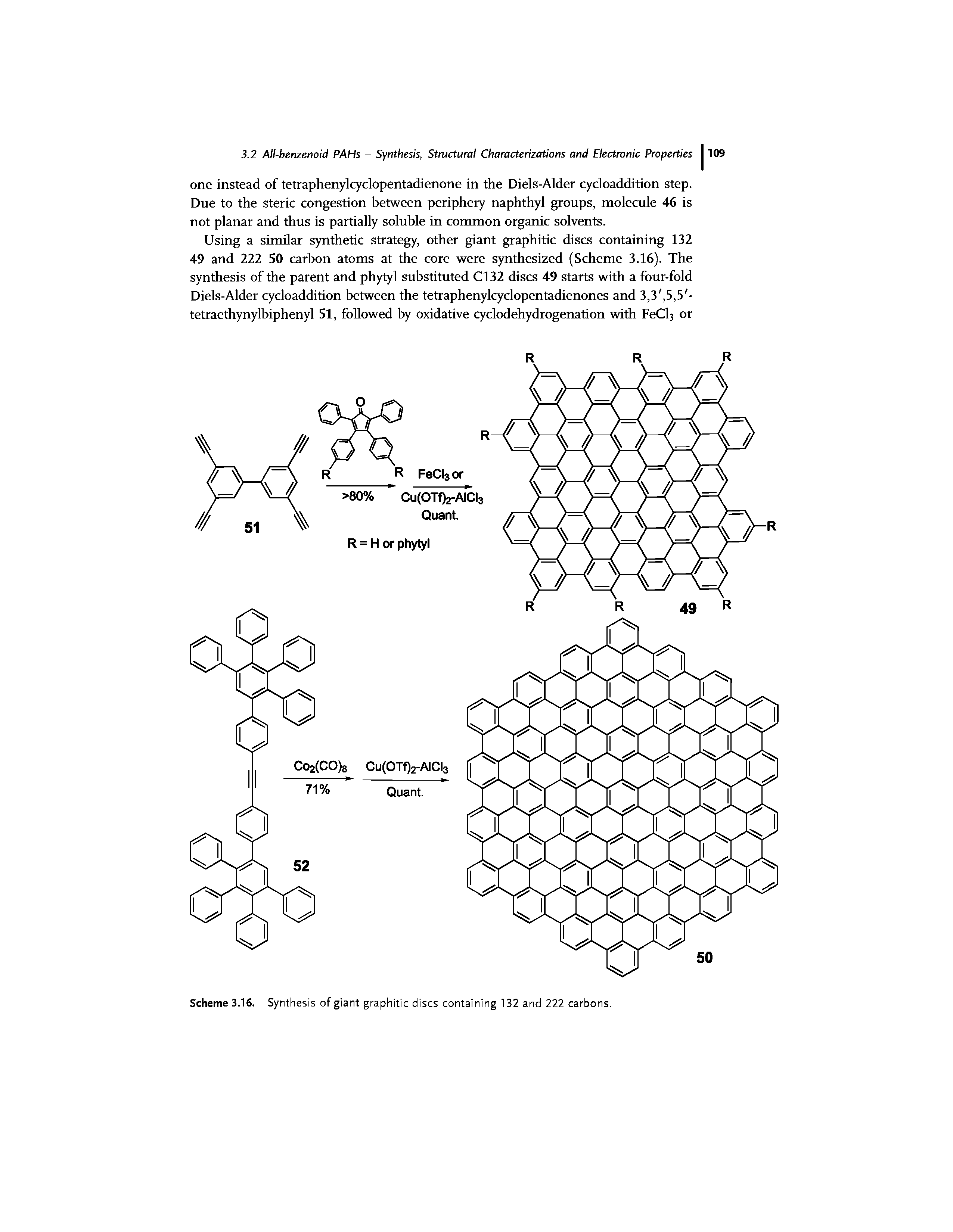 Scheme 3.16. Synthesis of giant graphitic discs containing 132 and 222 carbons.