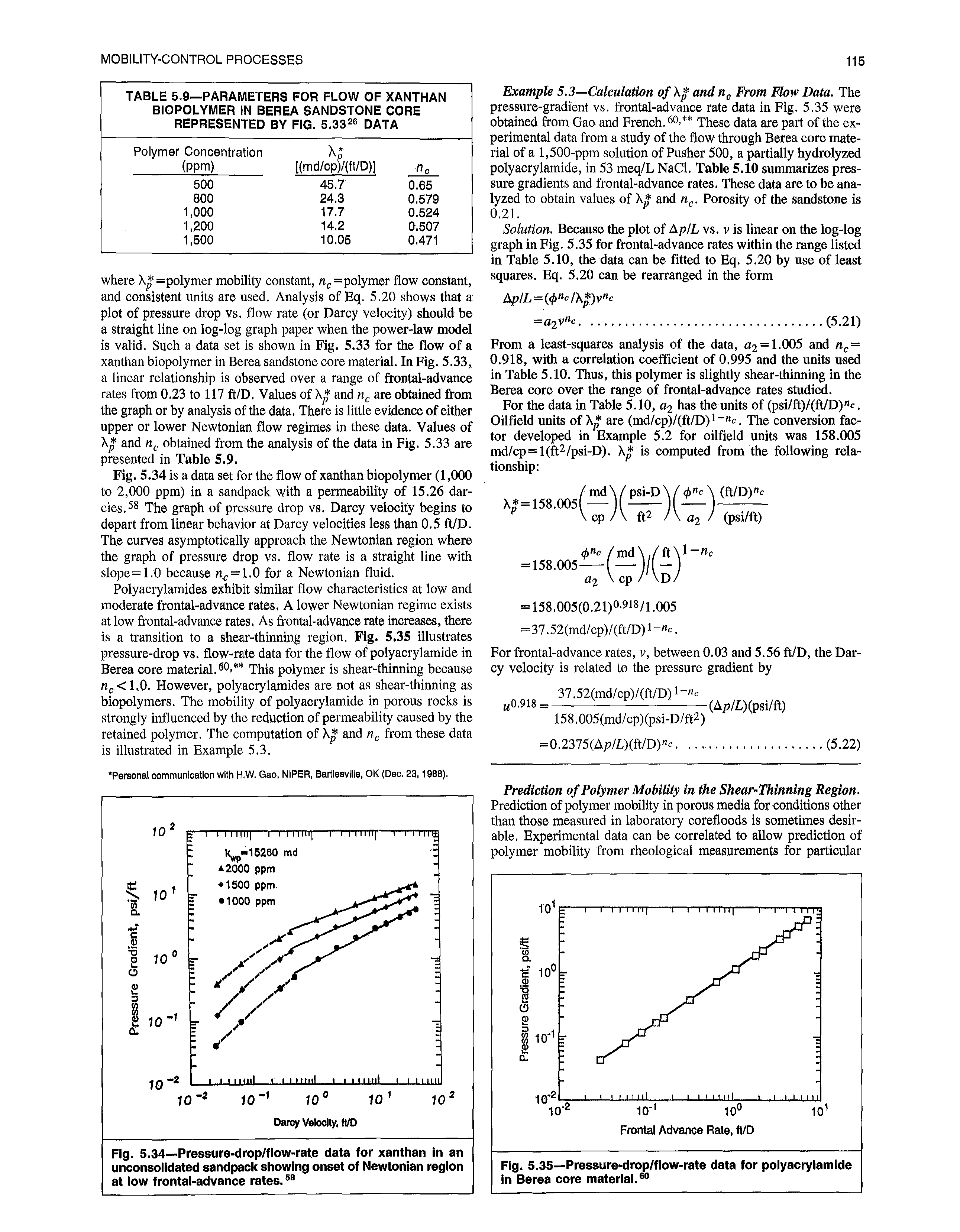 Fig. 5.34—Pressure-drop/flow-rate data for xanthan In an unconsolidated sandpack showing onset of Newtonian region at low frontal-advance rates.