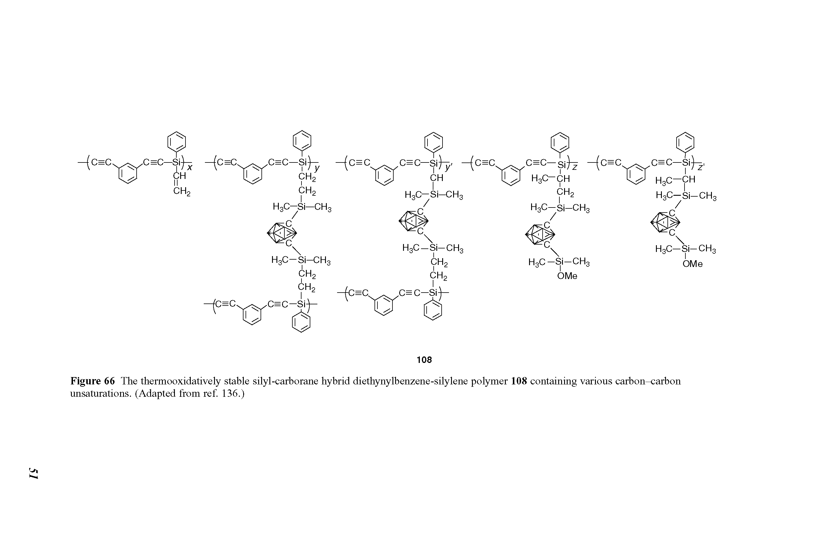 Figure 66 The thermooxidatively stable silyl-carborane hybrid diethynylbenzene-silylene polymer 108 containing various carbon-carbon unsaturations. (Adapted from ref. 136.)...