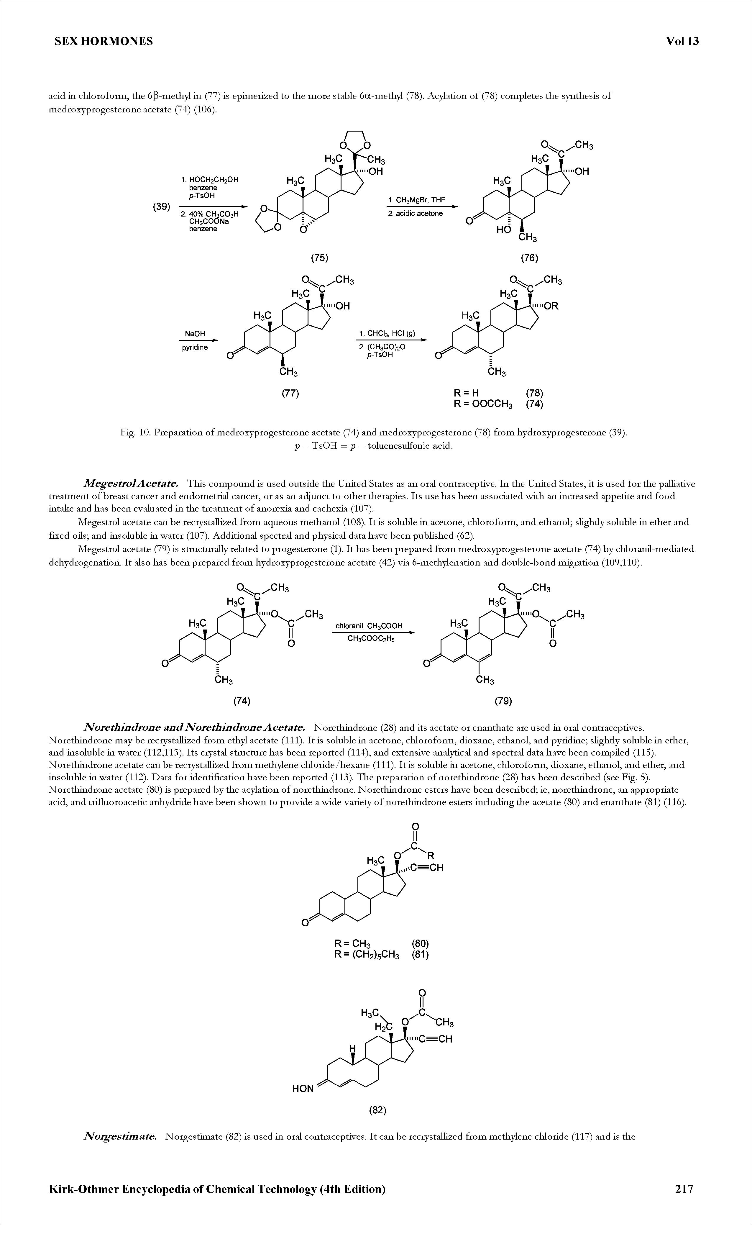 Fig. 10. Preparation of medroxyprogesterone acetate (74) and medroxyprogesterone (78) from hydroxyprogesterone (39).