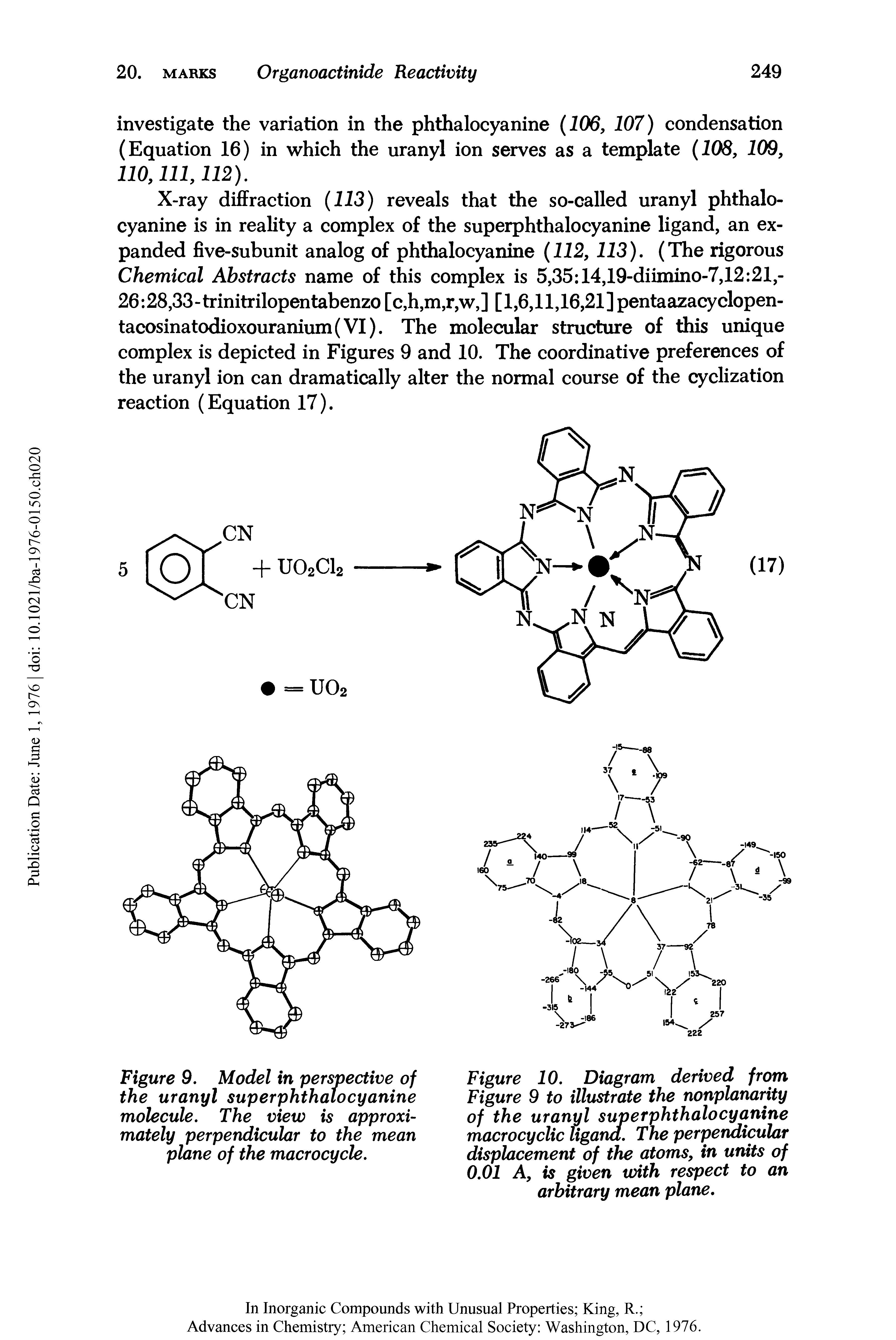 Figure 10. Diagram derived from Figure 9 to illustrate the nonplanarity of the uranyl superphthalocyanine macrocyclic ligand. The perpendicular displacement of the atoms, in units of 0.01 A, is given with respect to an arbitrary mean plane.