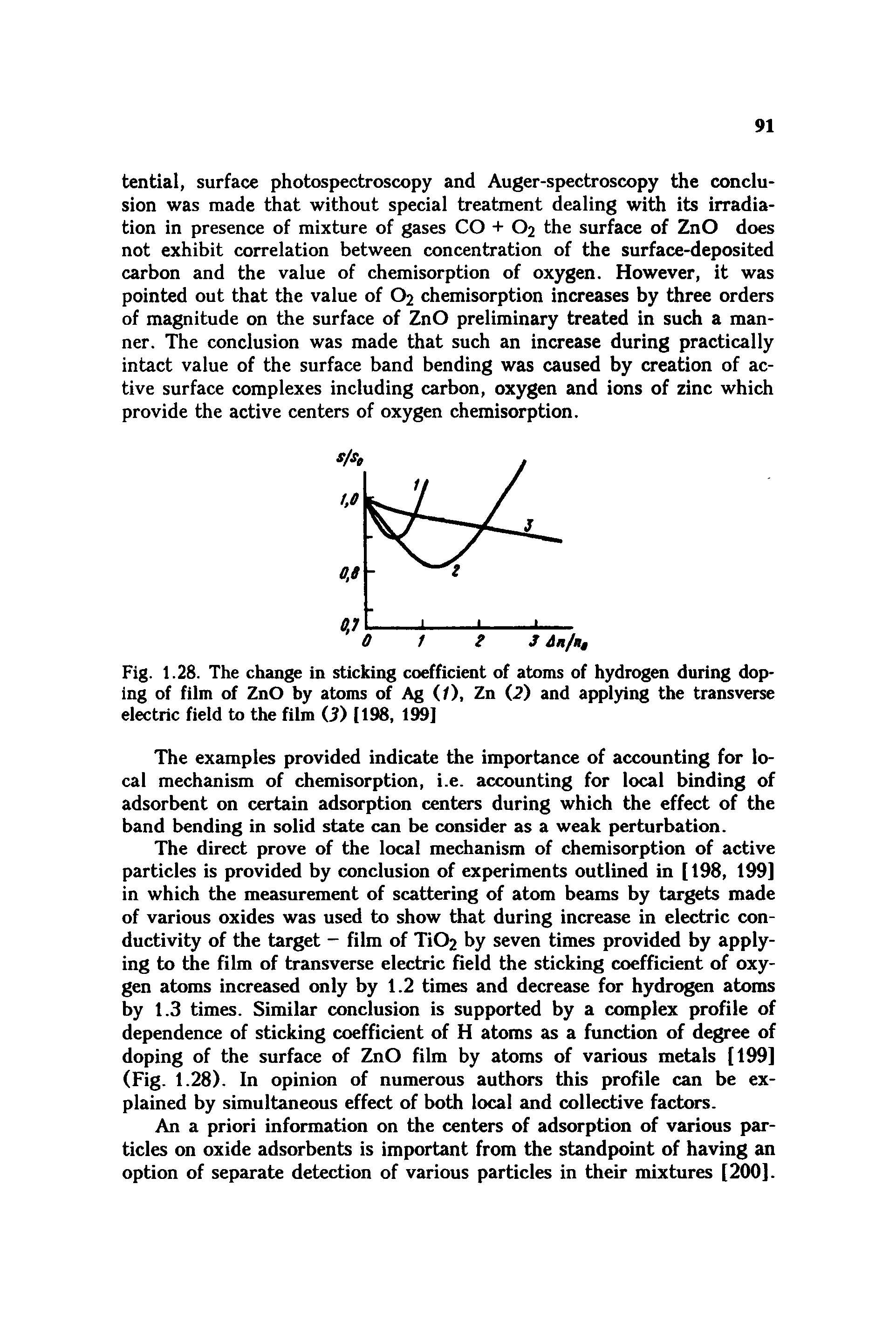 Fig. 1.28. The change in sticking coefficient of atoms of hydrogen during doping of film of ZnO by atoms of Ag (/), Zn (2) and applying the transverse electric field to the film O) [198, 199]...