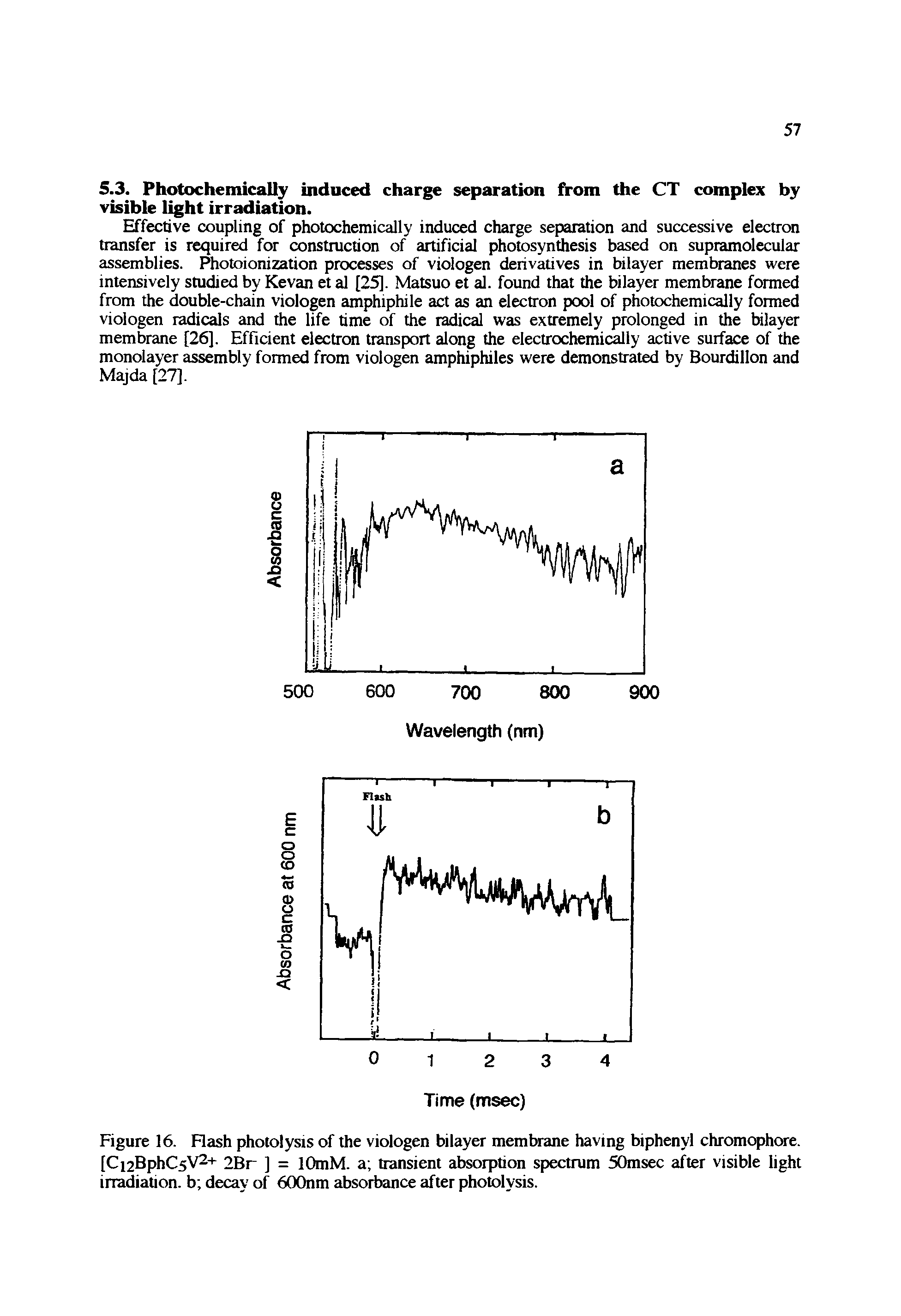 Figure 16. Flash photolysis of the viologen bilayer membrane having biphenyl chromophore. [Ci2BphC5V2+ 2Br ] = lOmM. a transient absorption spectrum 50msec after visible light irradiation, b decay of 600nm absorbance after photolysis.