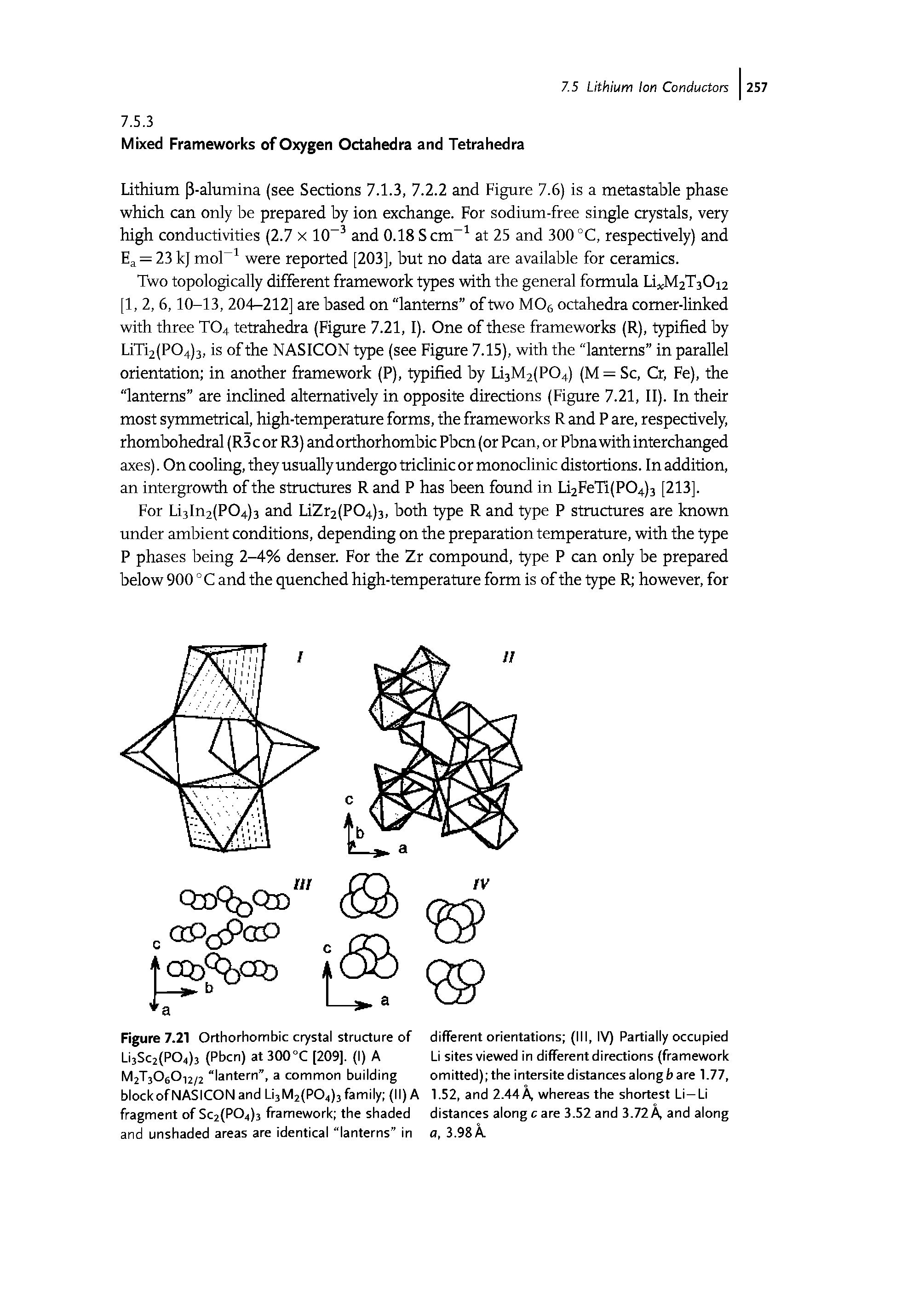 Figure 7.21 Orthorhombic crystal structure of Li3Sc2(PO4)3 (Pbcn) alSOO C [209], (I) A M2T3O6O12/2 lantern , a common building block of NASICON and Li3M2(PO4)3 family (II) A fragment of Sc2(PO4)3 framework the shaded and unshaded areas are identical lanterns in...