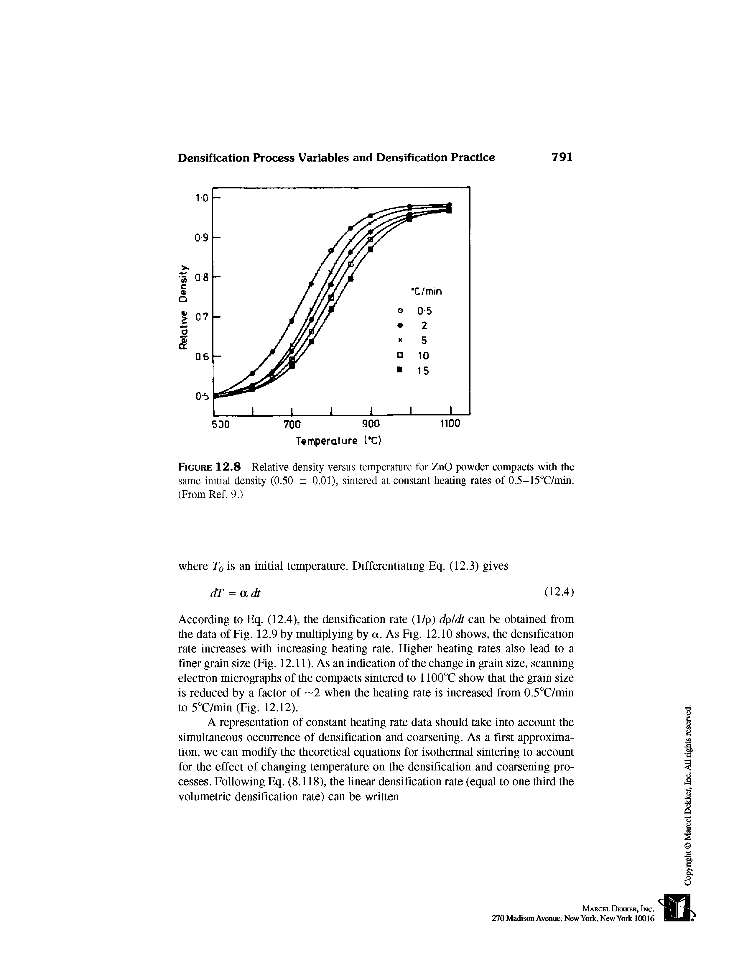 Figure 12.8 Relative density versus temperature for ZnO powder compacts with the same initial density (0.50 0.01), sintered at constant heating rates of 0.5-15T/min. (From Ref. 9.)...