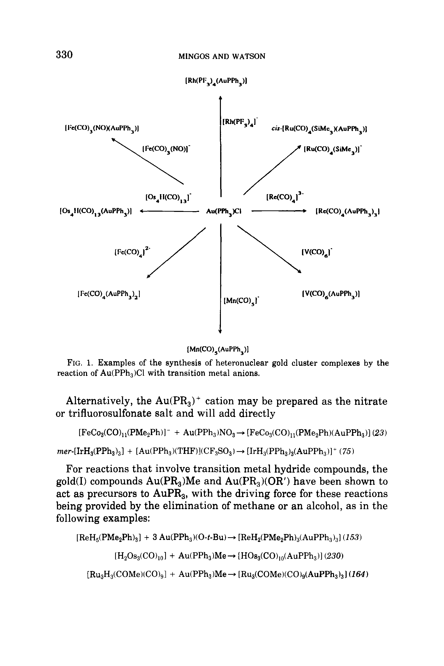 Fig. 1. Examples of the synthesis of heteronuclear gold cluster complexes by the reaction of Au(PPh3)Cl with transition metal anions.