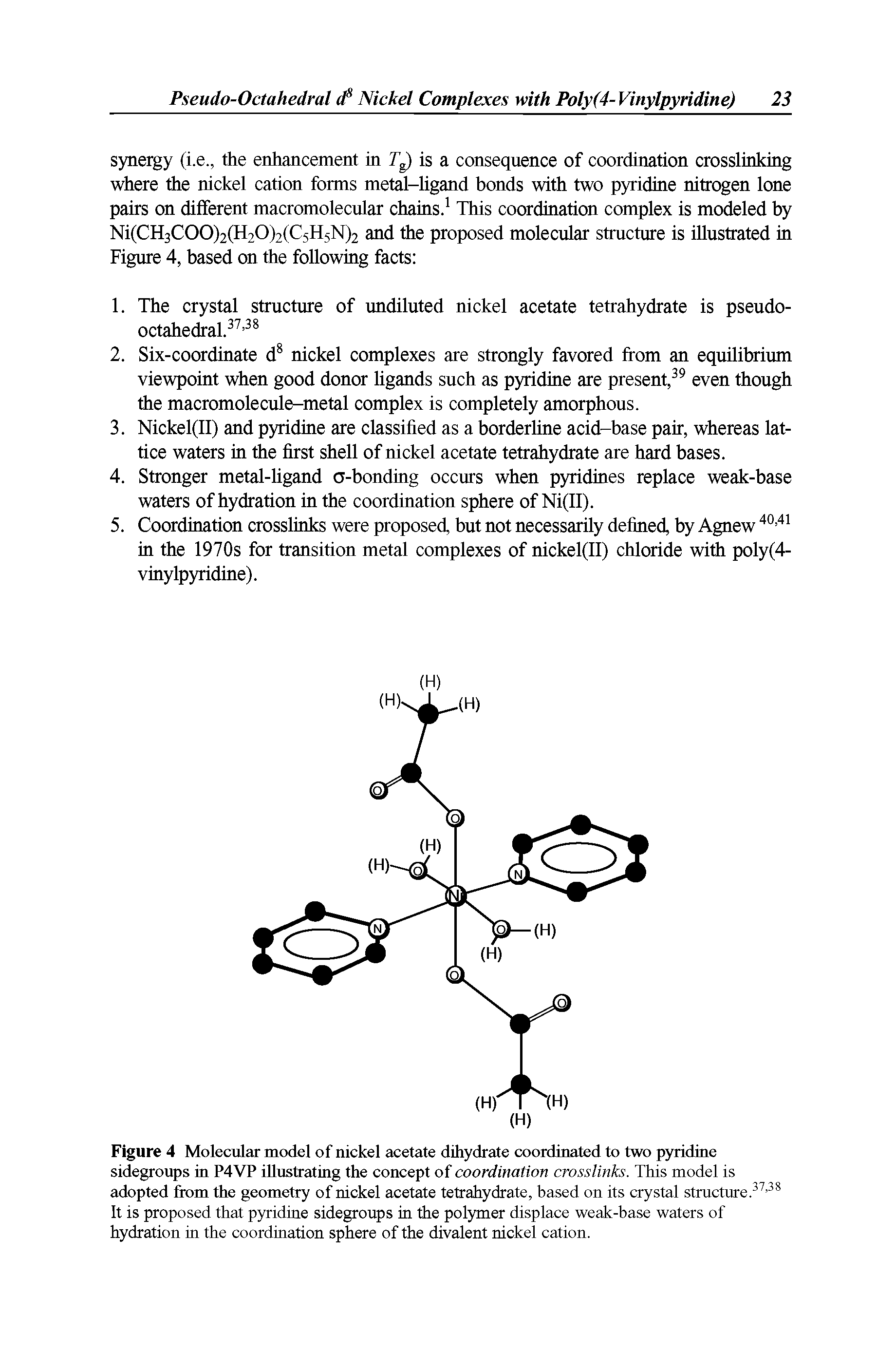 Figure 4 Molecular model of nickel acetate dihydrate coordinated to two pyridine sidegroups in P4VP illustrating the concept of coordination crosslinks. This model is adopted from the geometry of nickel acetate tetrahydrate, based on its crystal structure. It is proposed that pyridine sidegroups in the polymer displace weak-base waters of hydration in the coordination sphere of the divalent nickel cation.