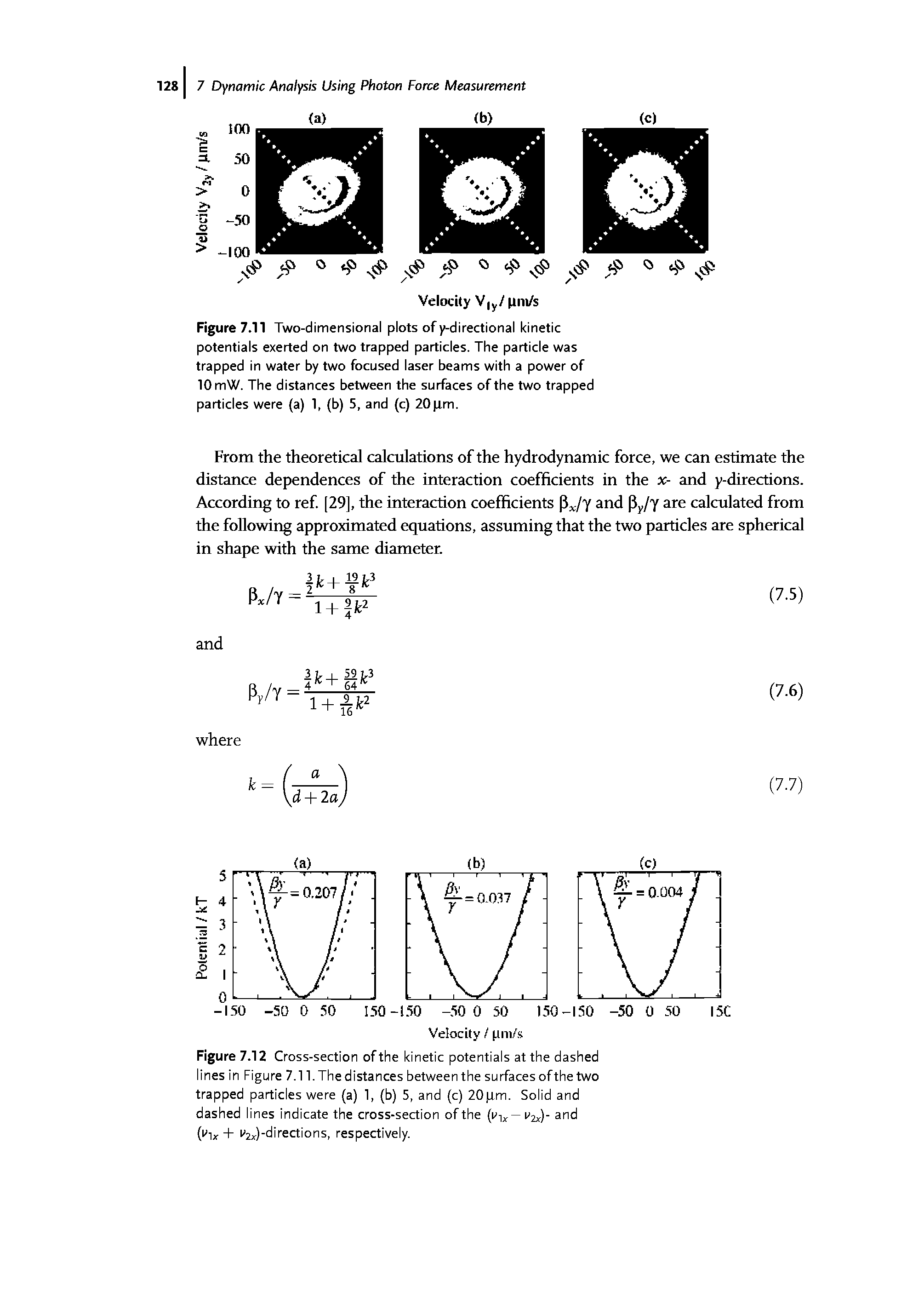 Figure 7.12 Cross-section of the kinetic potentials at the dashed lines in Figure 7.11. The distances betweenthe surfaces of the two trapped particles were (a) 1, (b) 5, and (c) 20pm. Solid and dashed lines indicate the cross-section of the and...