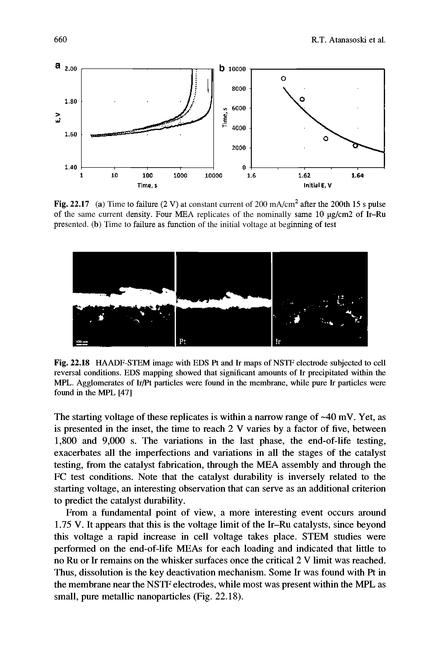 Fig. 22.18 HAADF-STEM image with EDS Pt and Ir maps of NSTF electrode subjected to cell reversal conditions. EDS mapping showed that significant amounts of Ir precipitated within the MPL. Agglomerates of Ir/Pt particles were found in the membrane, while pure Ir particles were found in the MPL [47]...