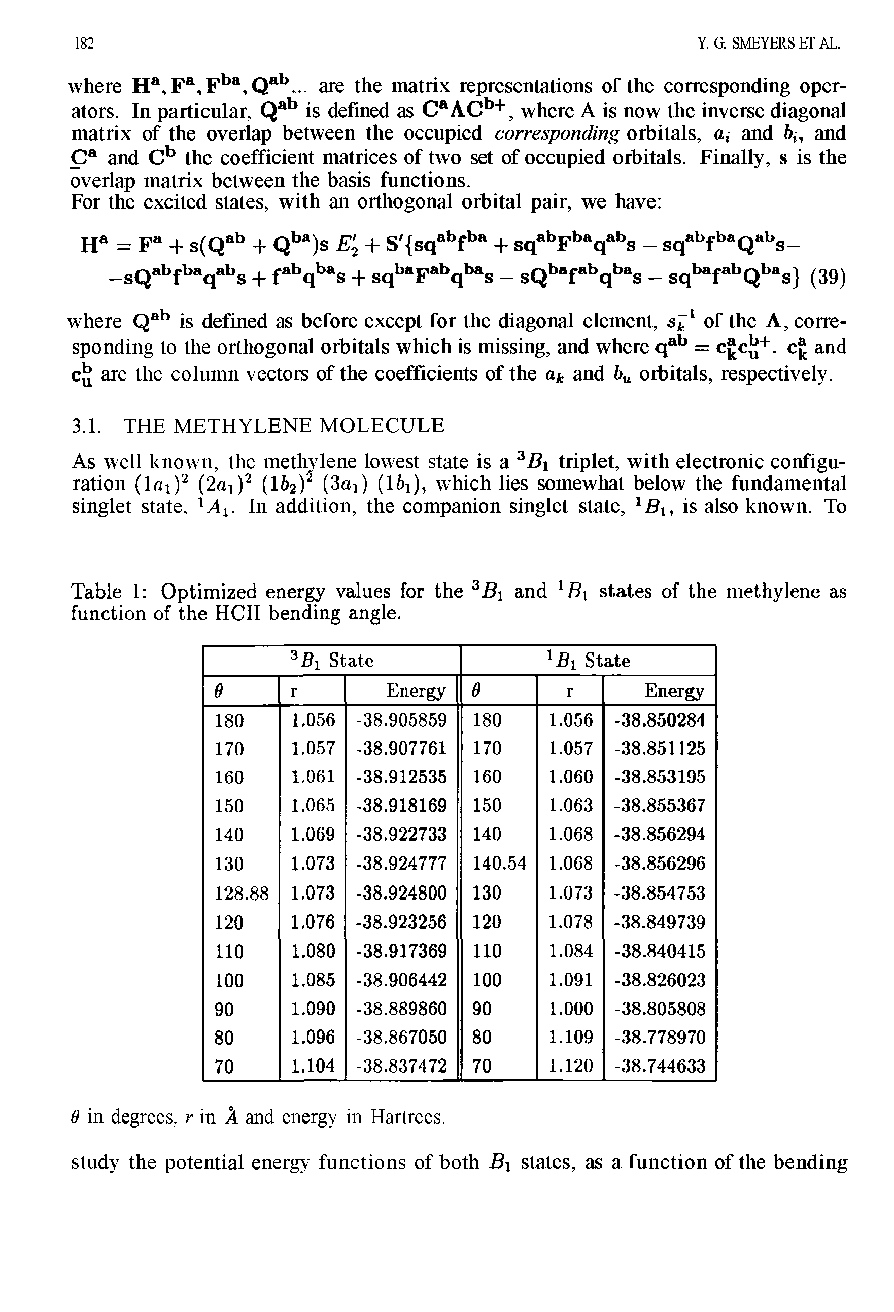 Table 1 Optimized energy values for the and B states of the methylene as function of the HCH bending angle.