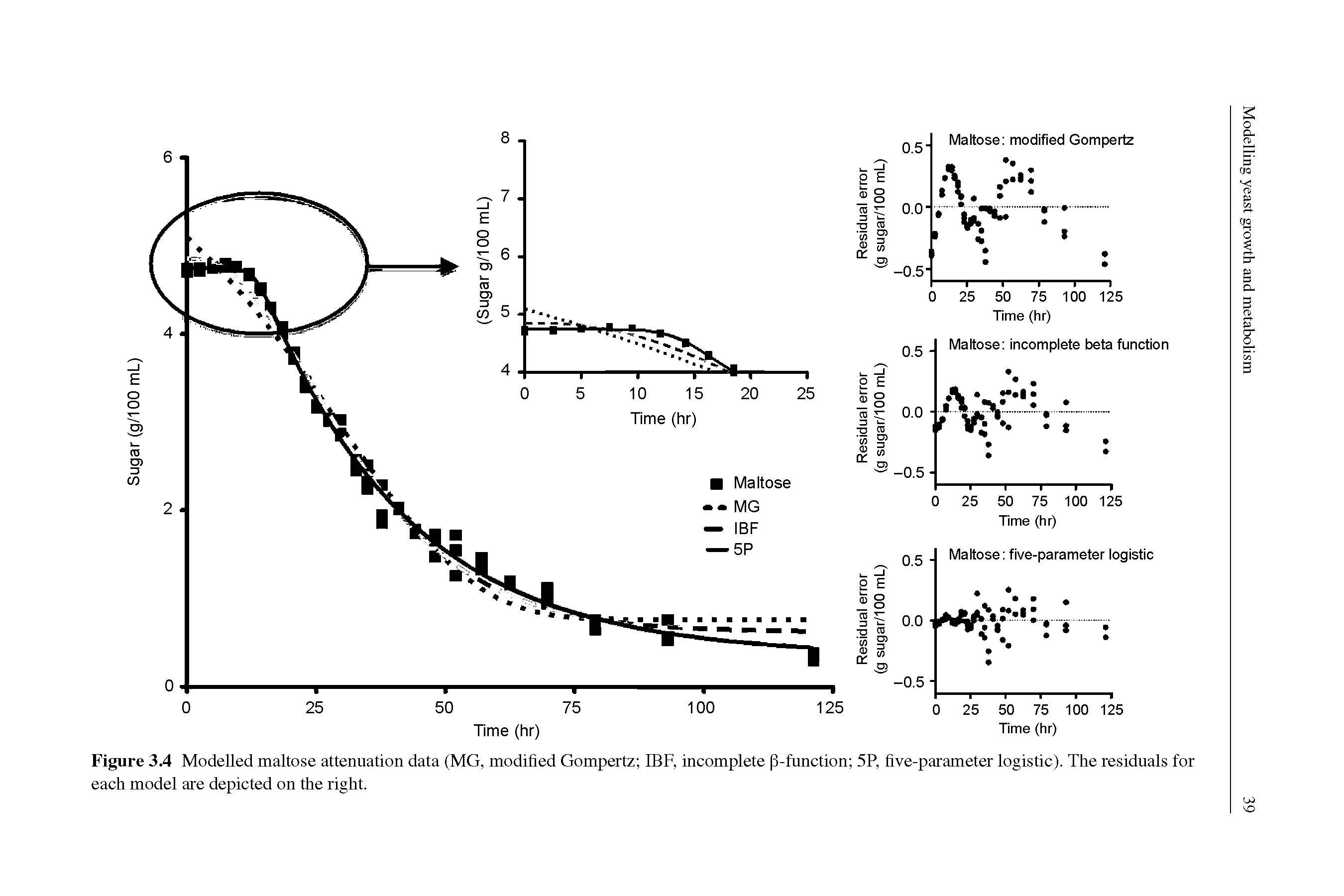 Figure 3.4 Modelled maltose attenuation data (MG, modified Gompertz IBF, incomplete 3-function 5P, five-parameter logistic). The residuals for each model are depicted on the right.