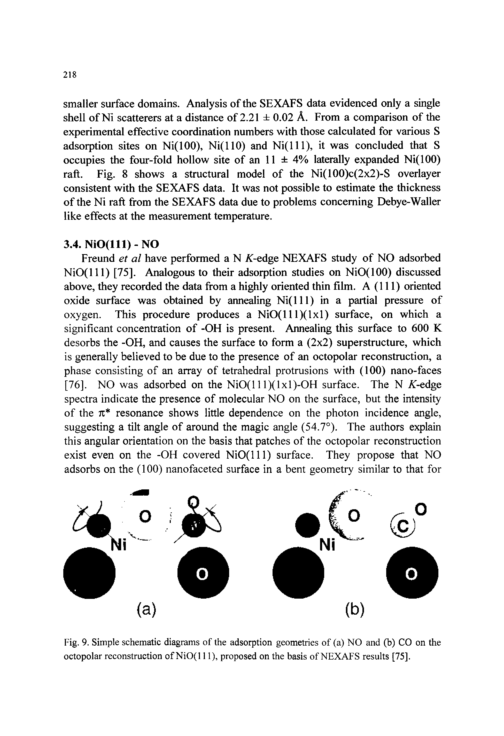 Fig. 9. Simple schematic diagrams of the adsorption geometries of (a) NO and (b) CO on the octopolar reconstruction of NiO(l 11), proposed on the basis of NEXAFS results [75],...