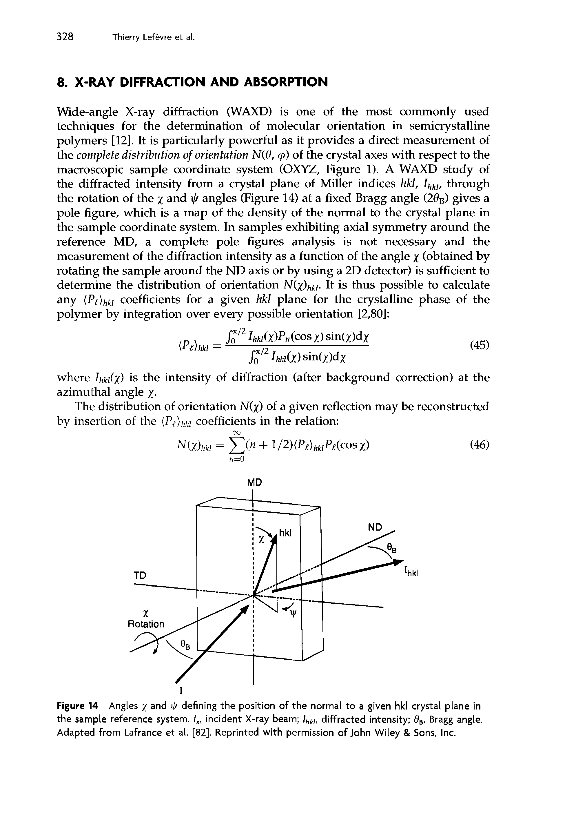 Figure 14 Angles y and iji defining the position of the normal to a given hkl crystal plane in the sample reference system. Ix, incident X-ray beam lhkl, diffracted intensity 6B, Bragg angle. Adapted from Lafrance et al. [82]. Reprinted with permission of John Wiley 8t Sons, Inc.